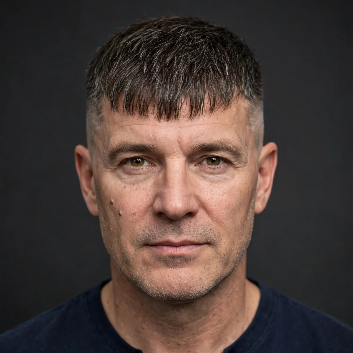 Man with a fringe haircut and low fade, subtle faded sides
