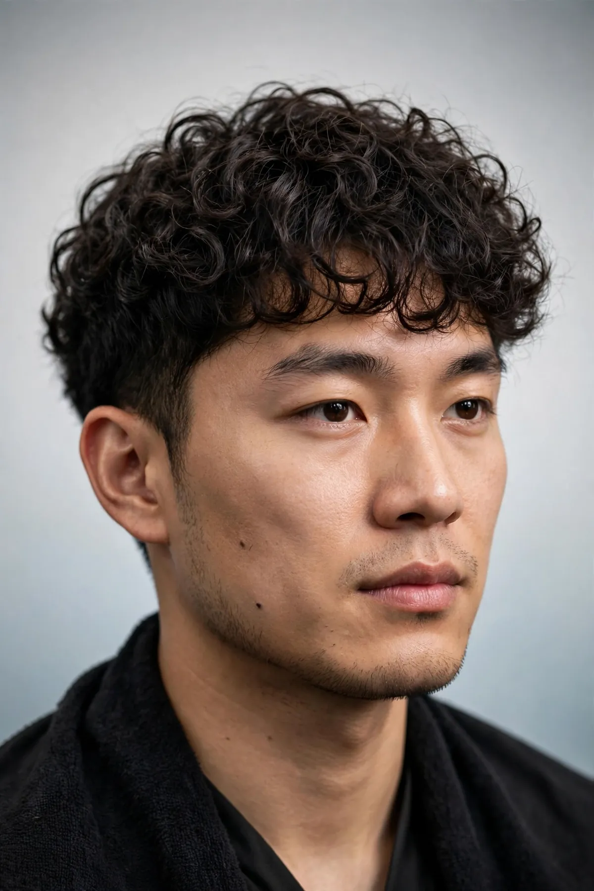 Man with a curly fringe haircut, natural curls forward style