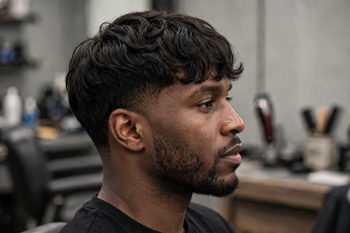 Man with a wavy fringe haircut, natural wave texture forward