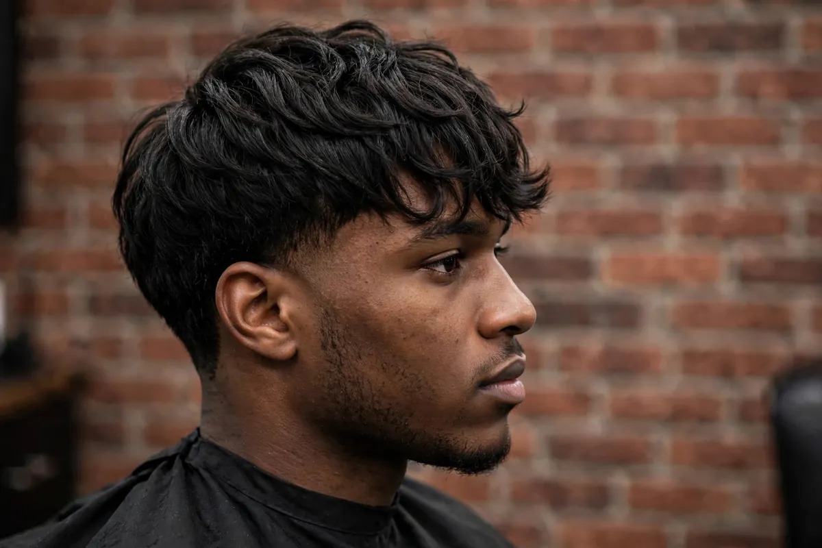 Man with a feathered fringe haircut, soft feathered texture
