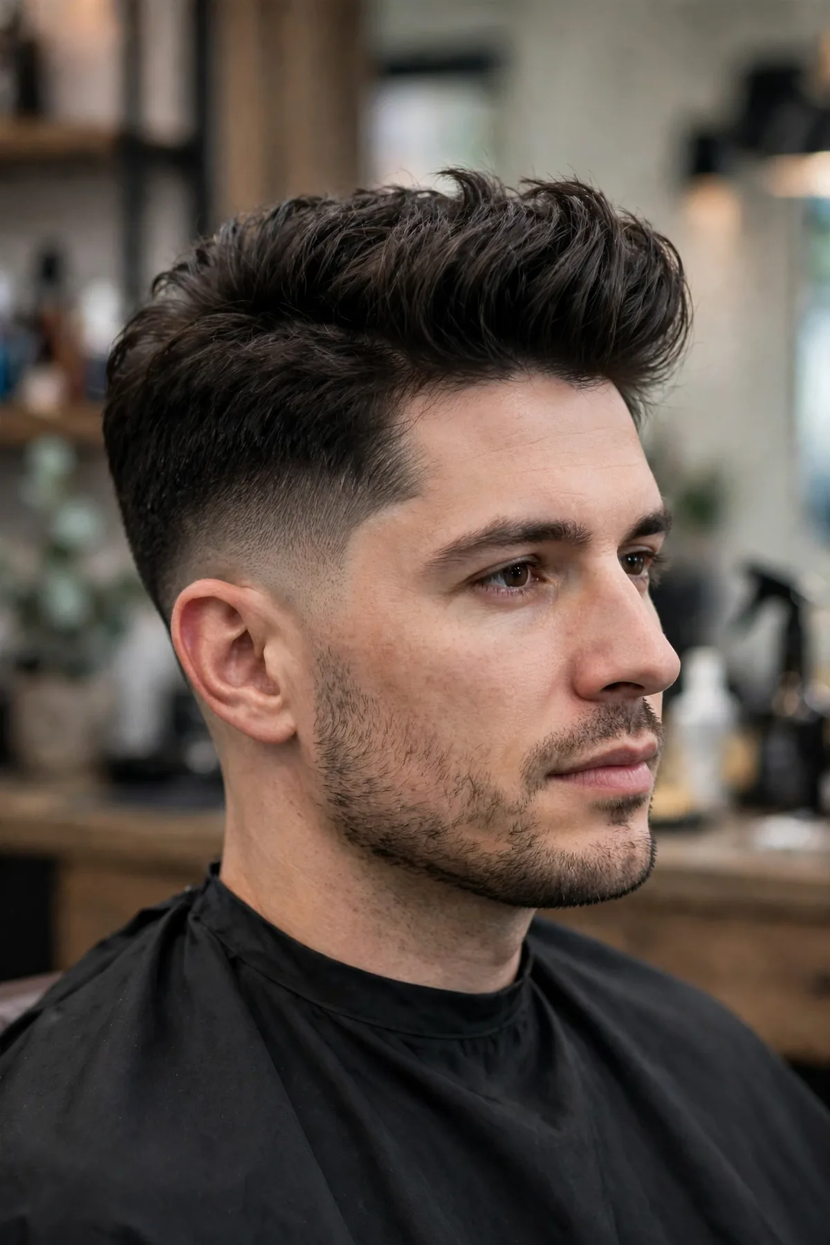 Low fade haircut with a voluminous textured quiff on top — modern men's hairstyle with faded sides