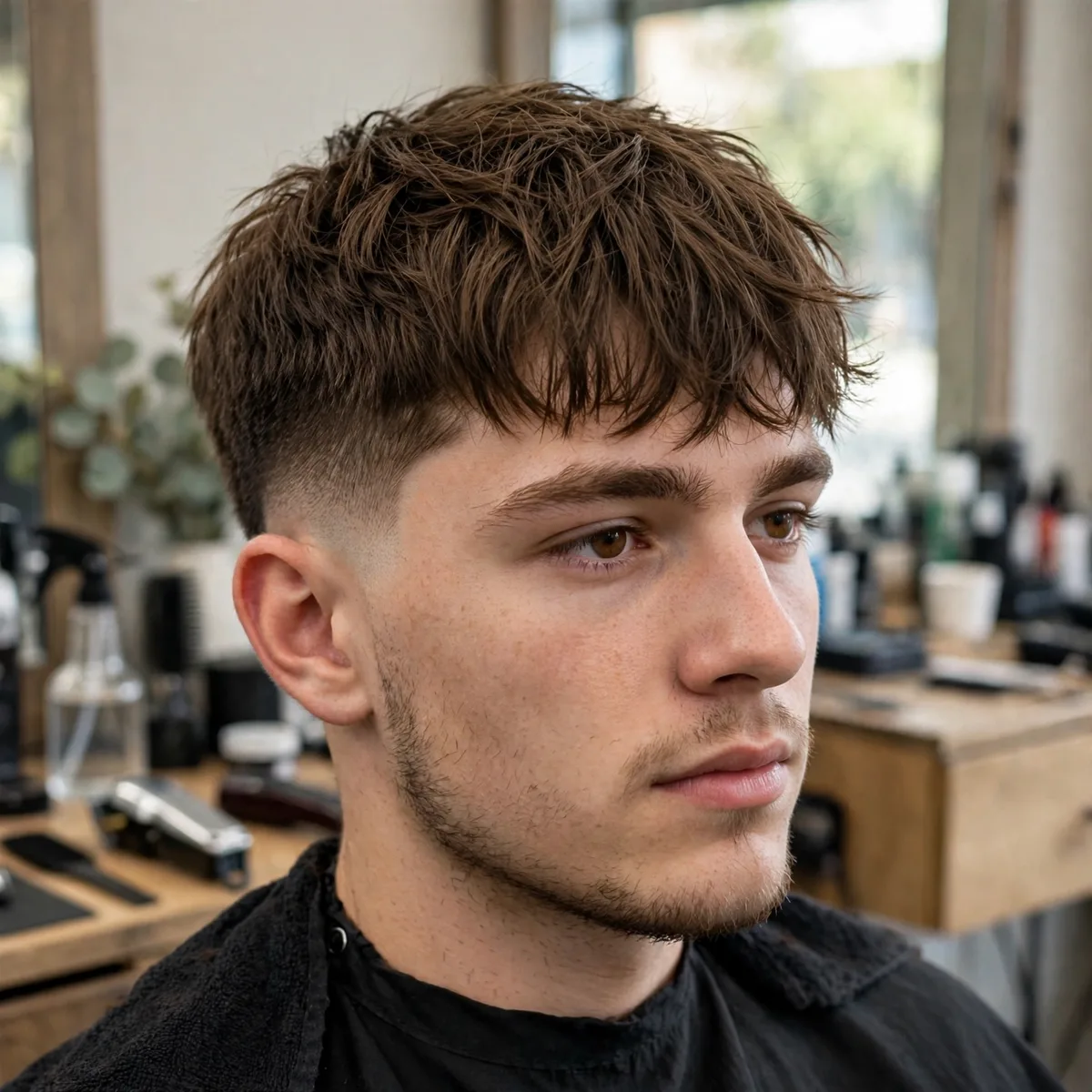 Low fade with a messy textured crop — short haircuts for men with faded sides and choppy layers on top