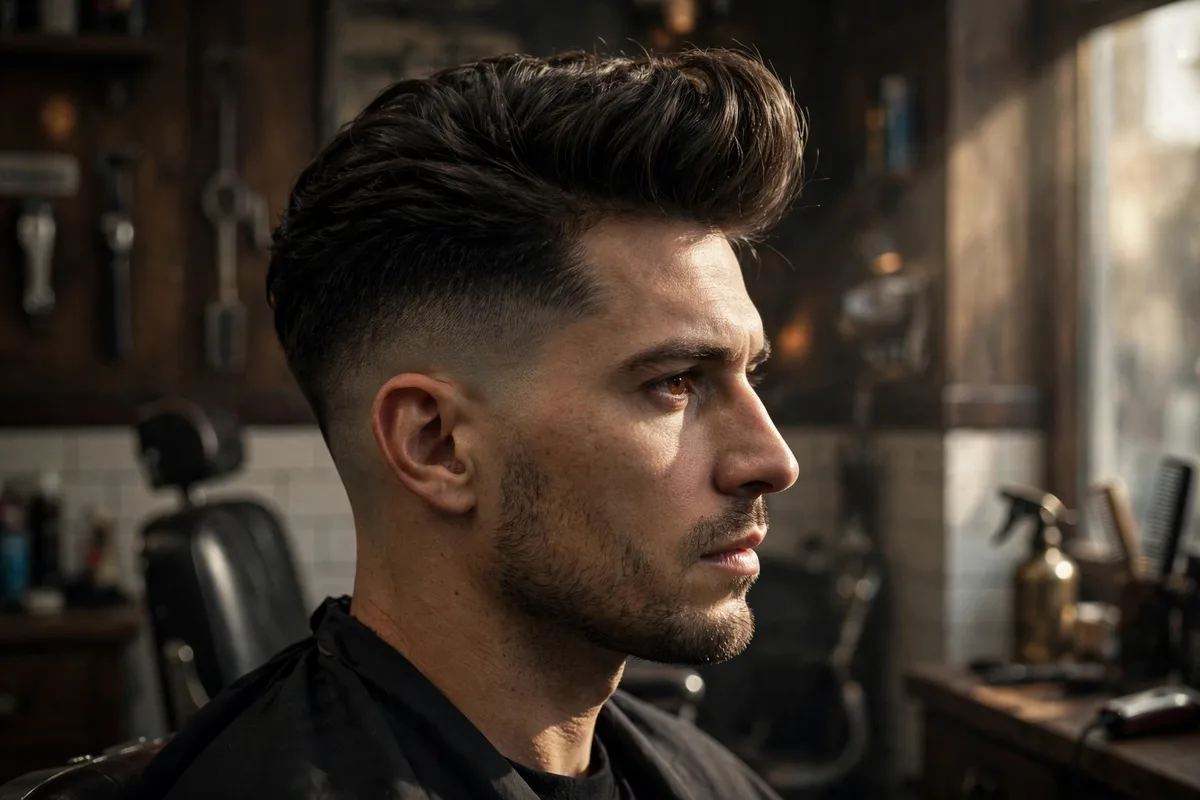 Low fade pompadour haircut for men — vintage-inspired men's hairstyle with volume on top and low faded sides
