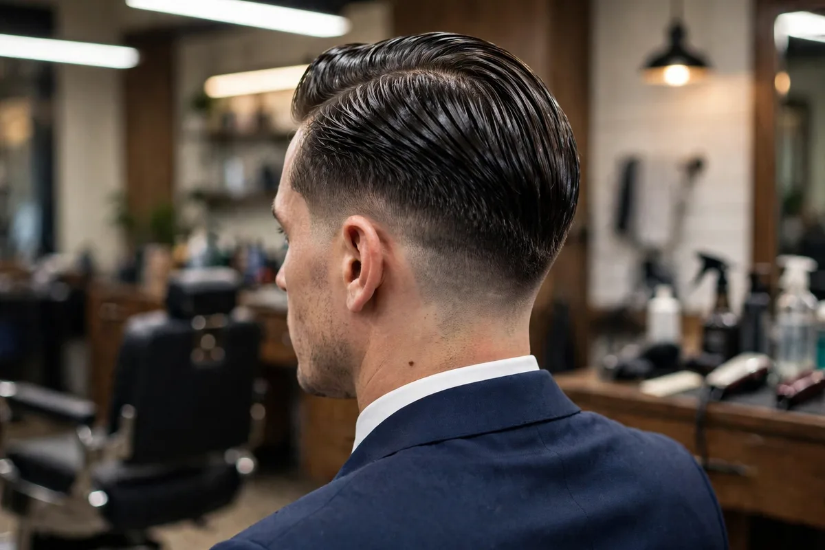Low fade with slicked back hair — sleek professional haircut for men with low faded sides