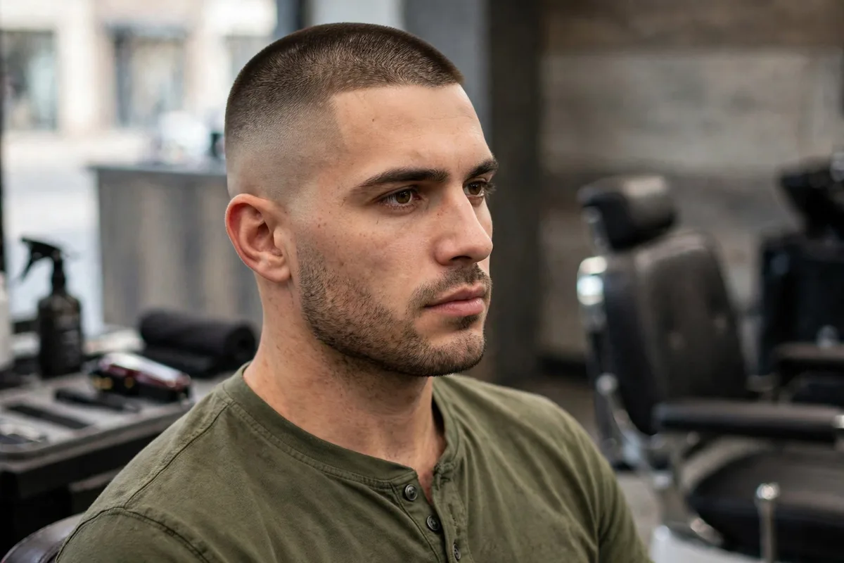 Low fade buzz cut for men — very short military-inspired haircut with a subtle low fade