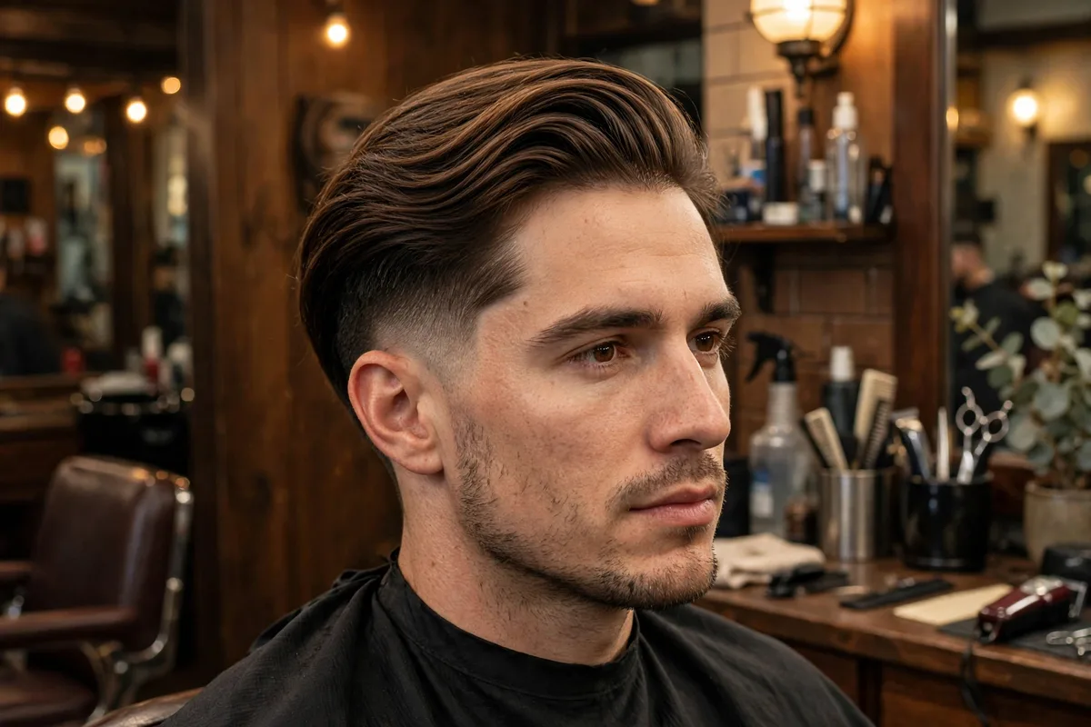 Low fade haircut with long hair on top — long top short sides men's hairstyle with faded sides