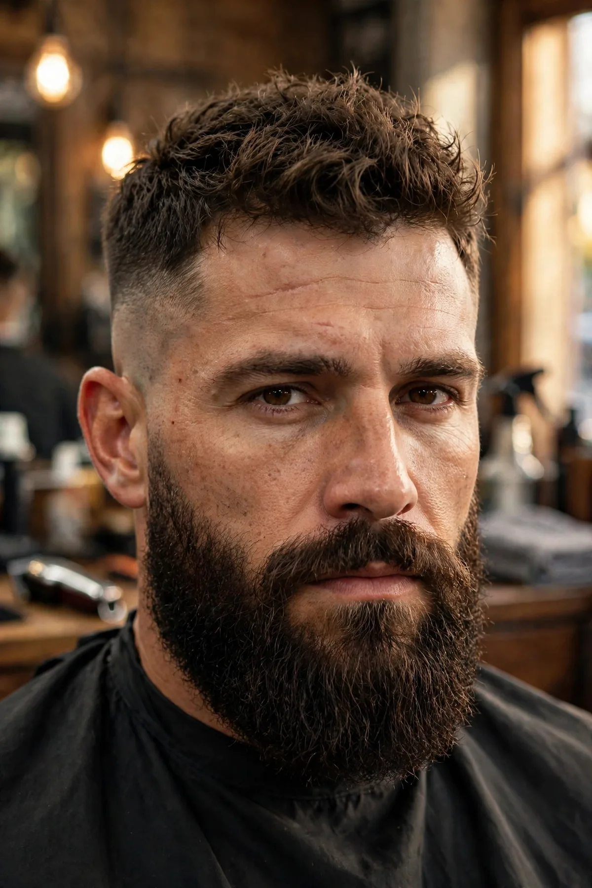 Low fade haircut with a full beard — men's hairstyle blending faded sides into facial hair