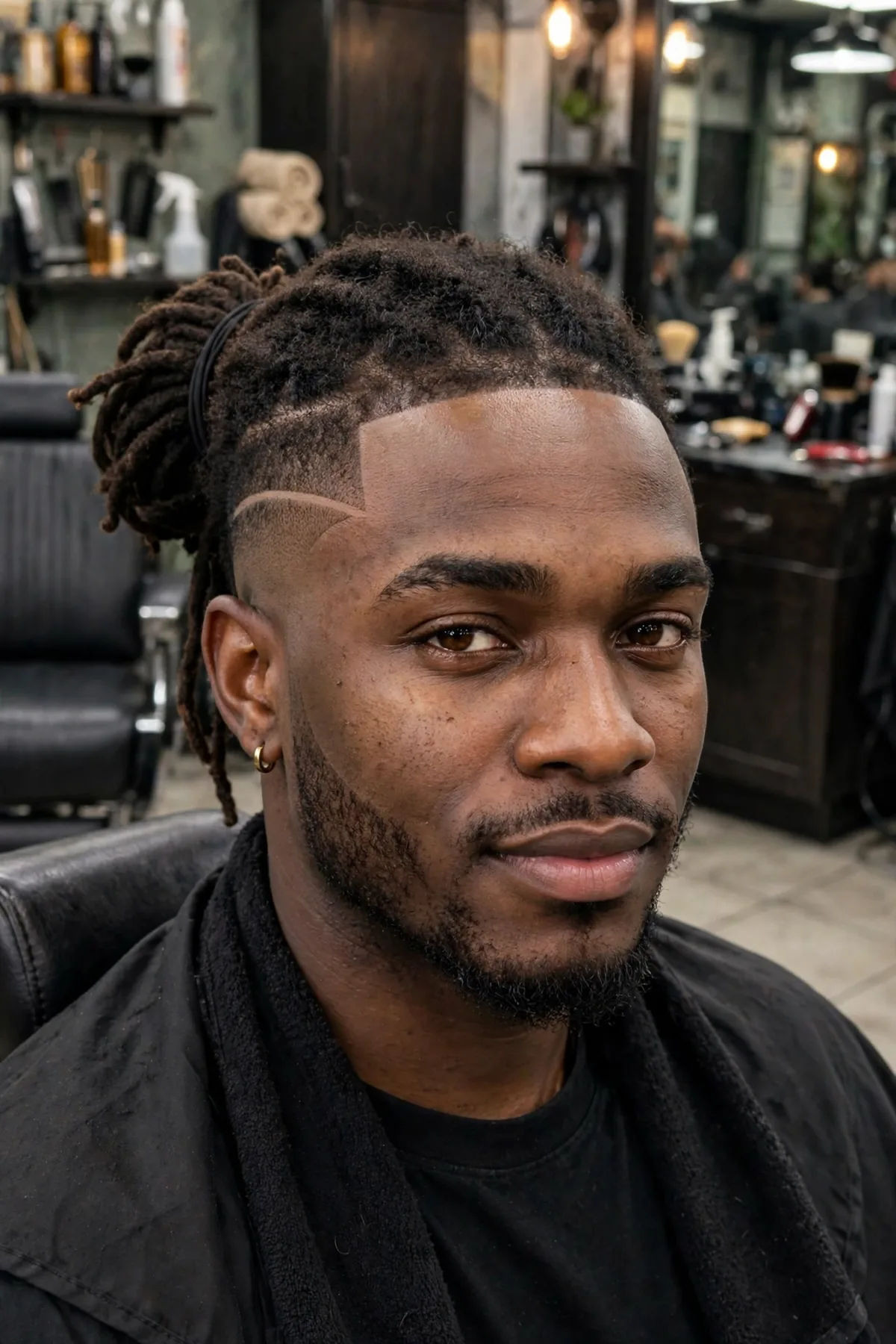 Low fade haircut with dreadlocks on top — stylish Black men's hairstyle with faded sides and locs