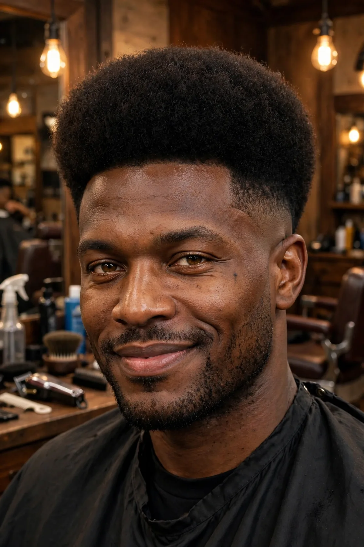 Low fade with a rounded afro on top — Black men's haircut with faded sides and natural texture