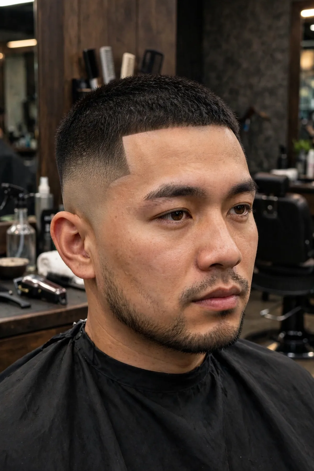 Low fade haircut with a sharp line up — precise hairline shape up with faded sides