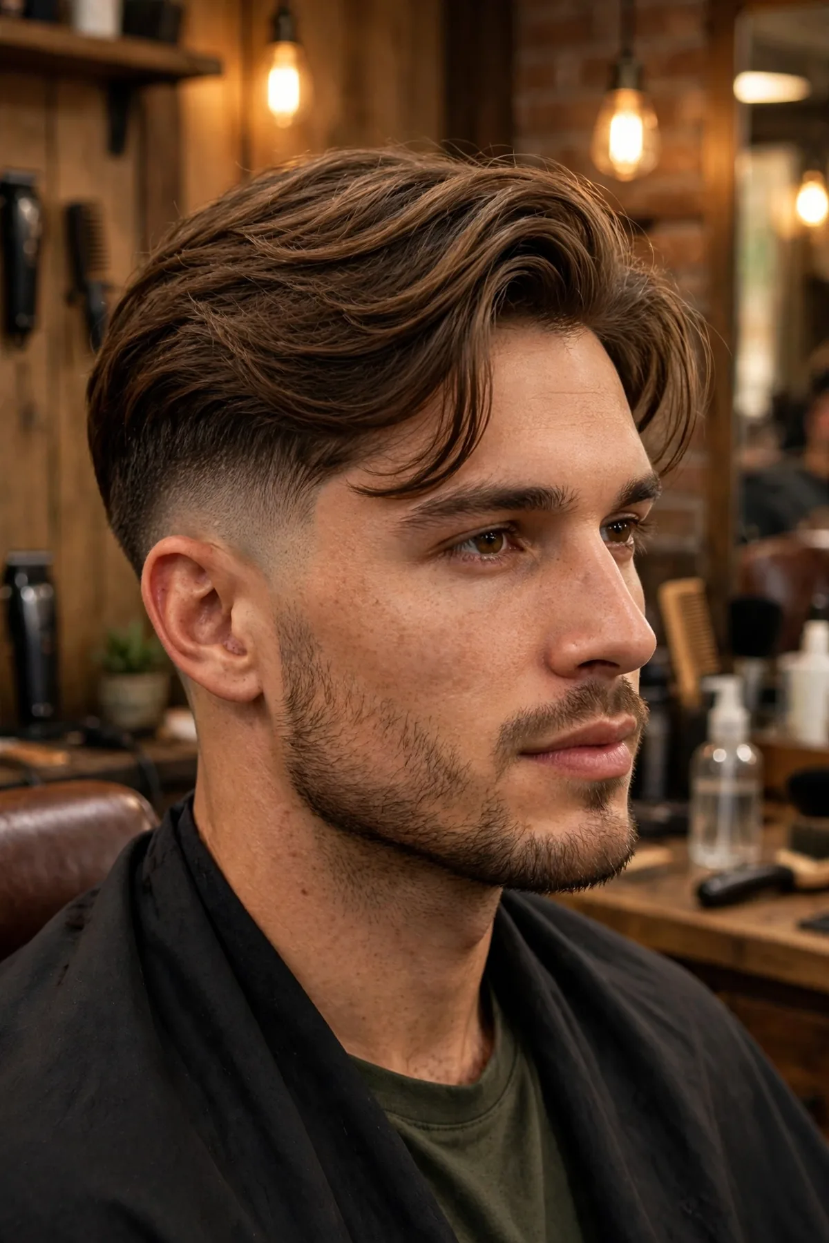 Low fade haircut with side-swept hair on top — flowing men's hairstyle with low faded sides