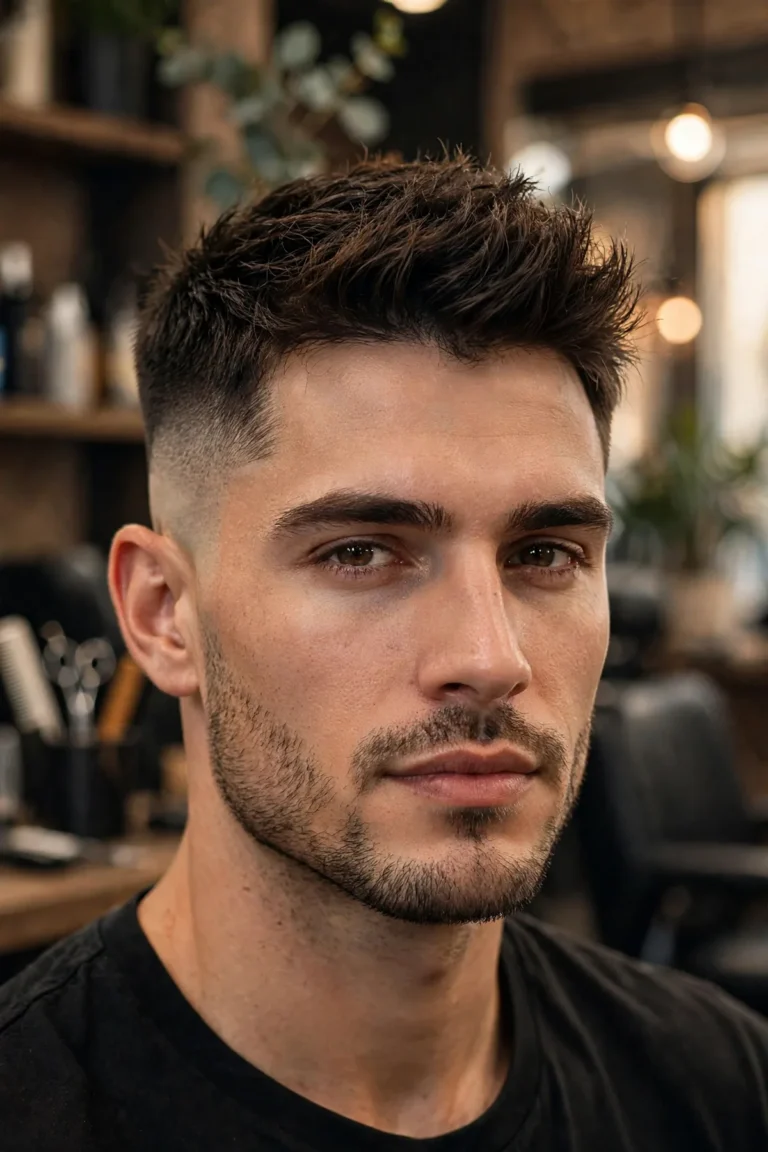 Man with a sharp low fade haircut and textured top in a barbershop — one of the best low fade haircuts for men