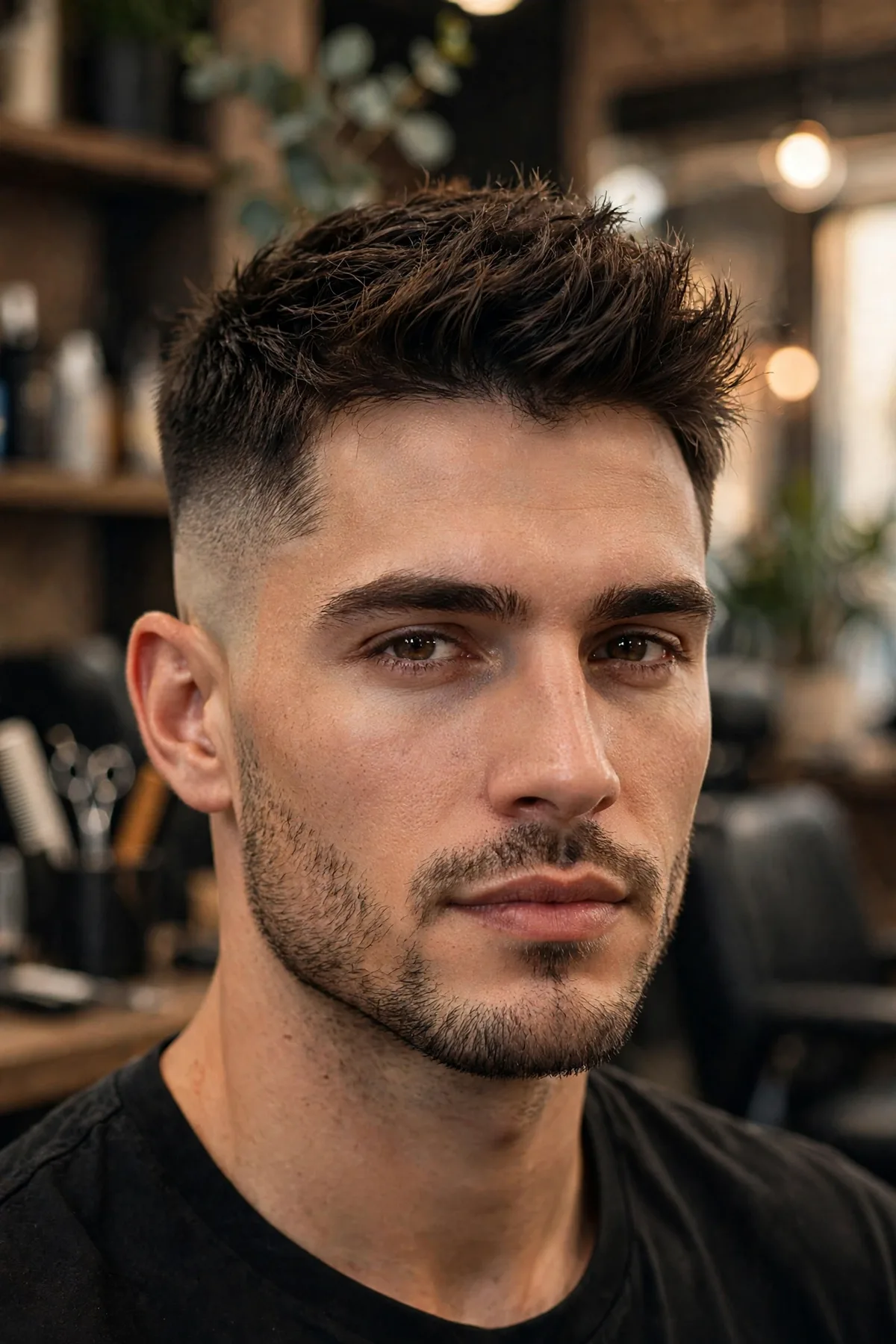 Man with a sharp low fade haircut and textured top in a barbershop — one of the best low fade haircuts for men