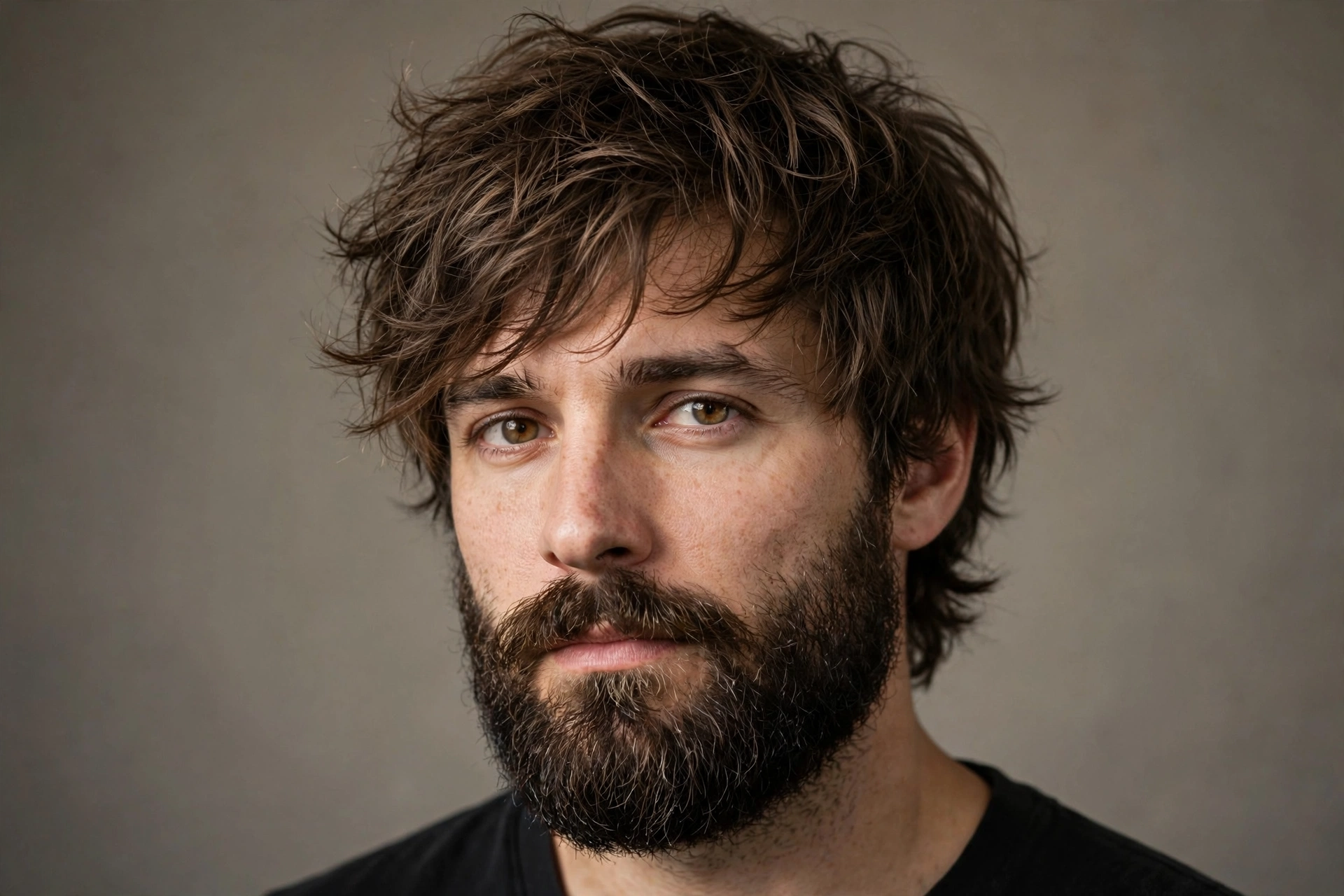Tousled messy hair paired with full beard
