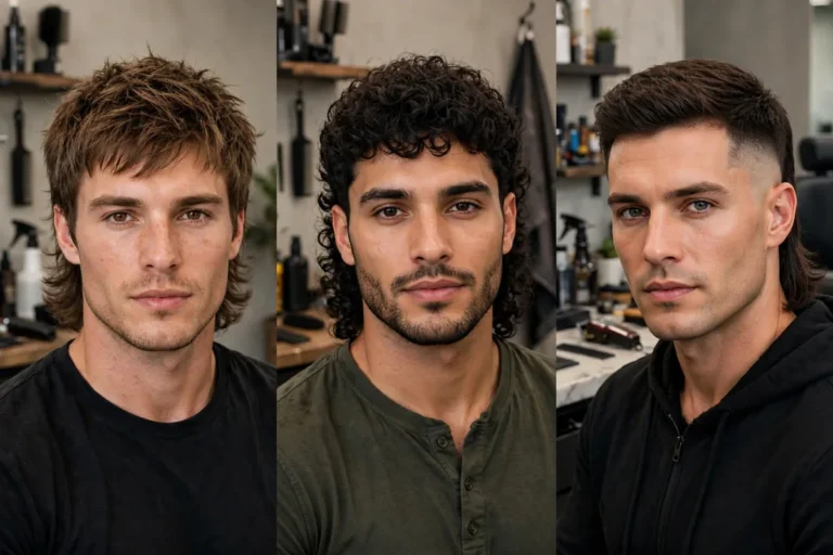Featured collage of the best mullet haircuts for men — modern textured mullet, curly mullet, and fade mullet hairstyle photos for men, barbershop photography