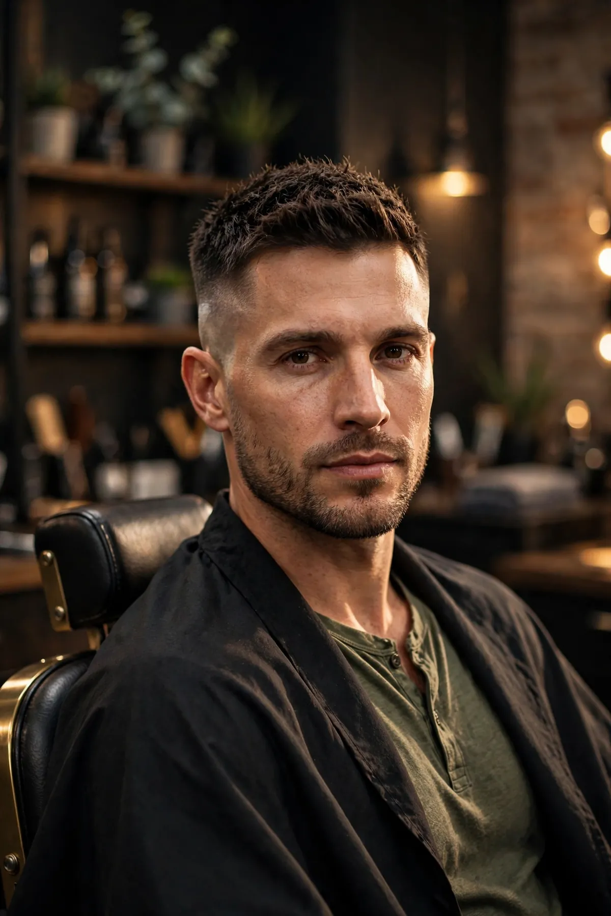 Man getting one of the best haircuts for men — a sharp textured crop fade in a modern barbershop