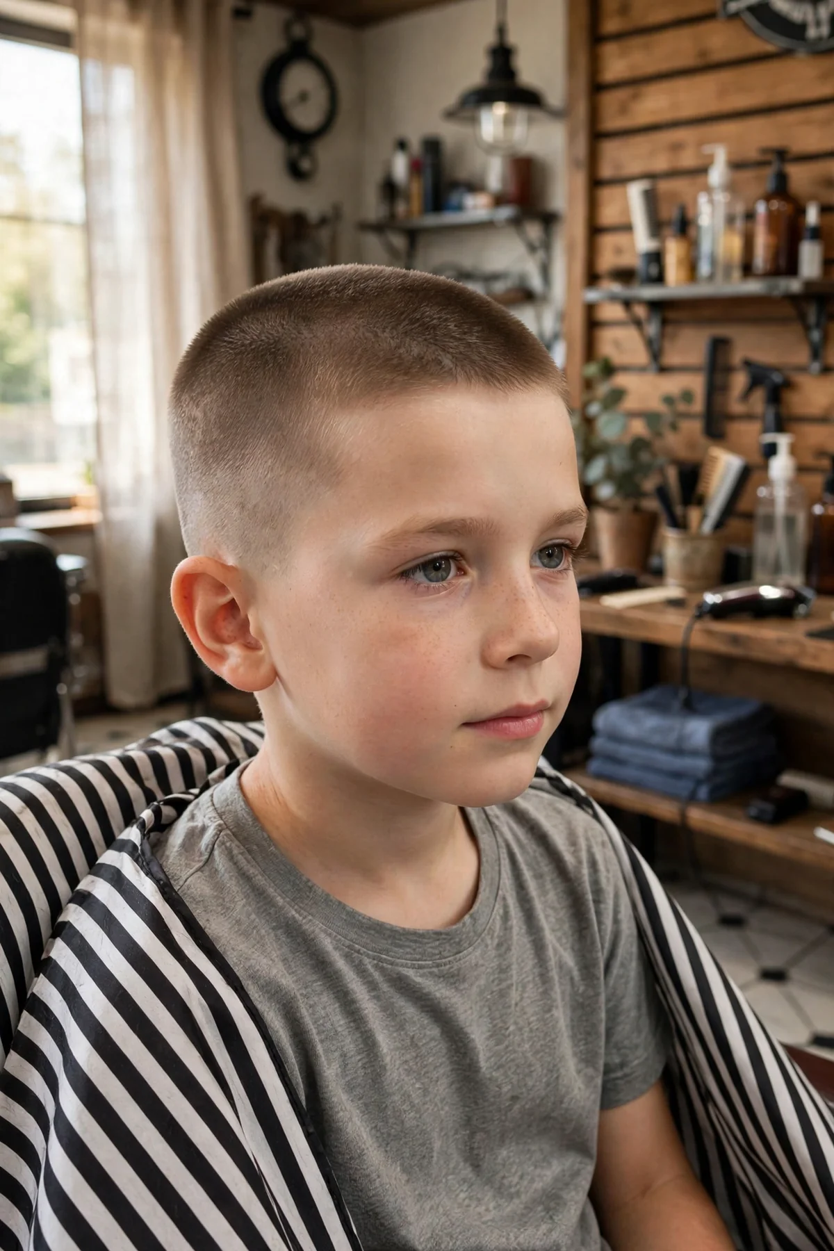 Young boy with straight hair wearing a neat buzz cut — one of the easiest haircuts for boys with straight hair.