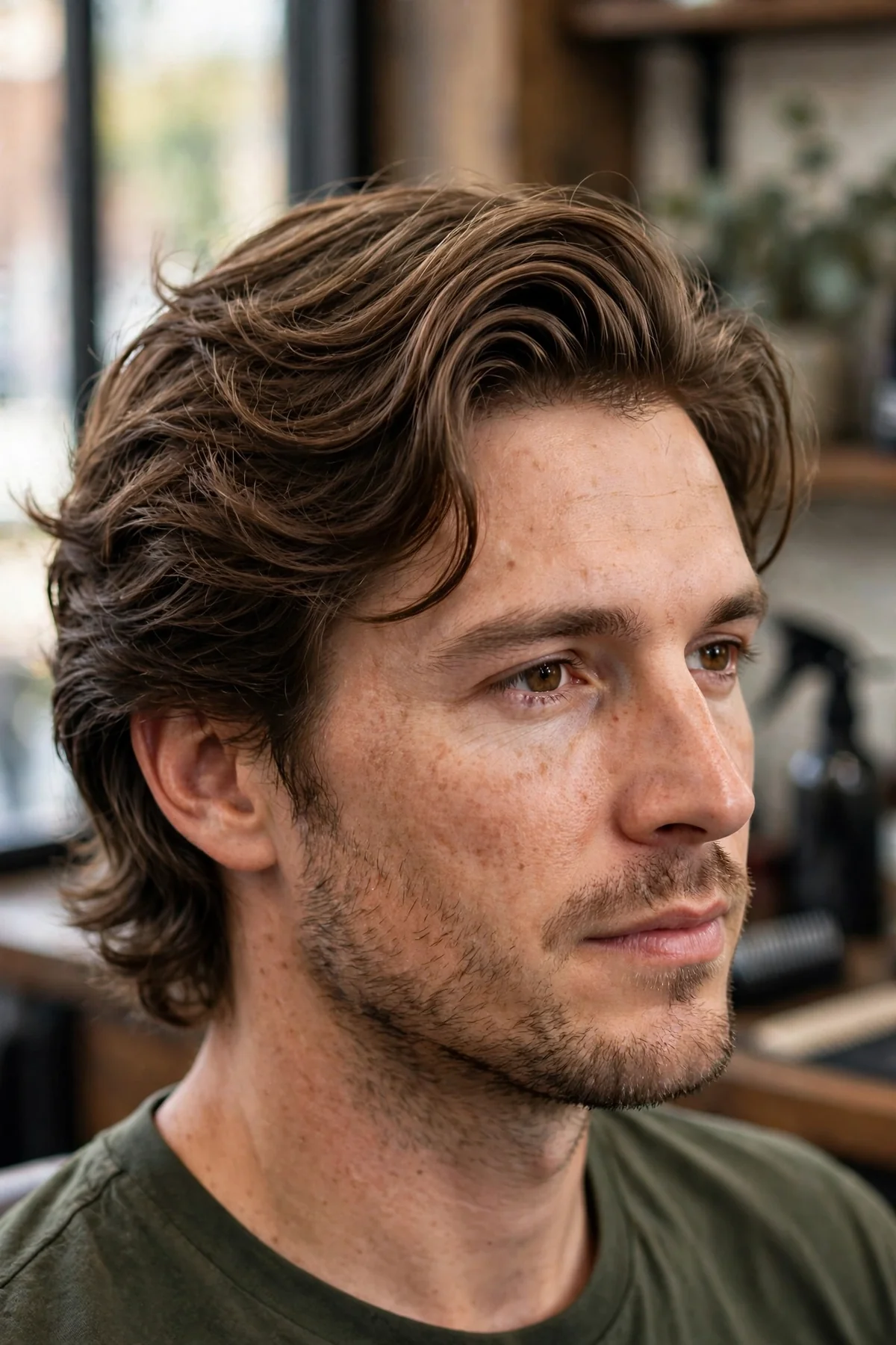 The classic bro flow haircut on a man with medium-length wavy hair brushed back, showing soft layers and natural shine in a barbershop.
