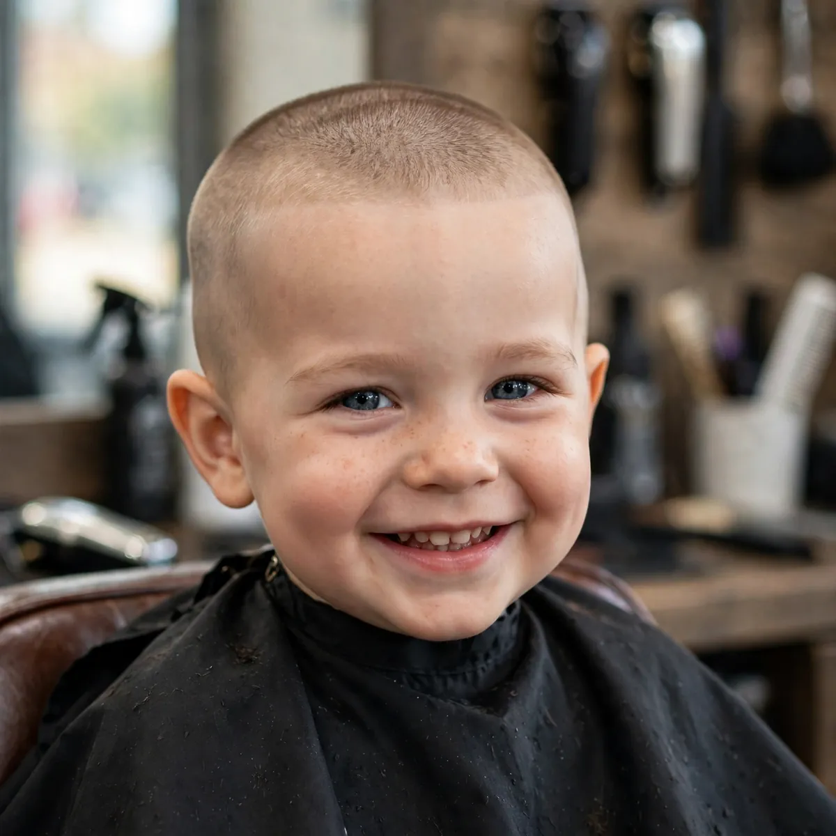 Toddler boy with a classic buzz cut — the easiest short low maintenance toddler boy haircut