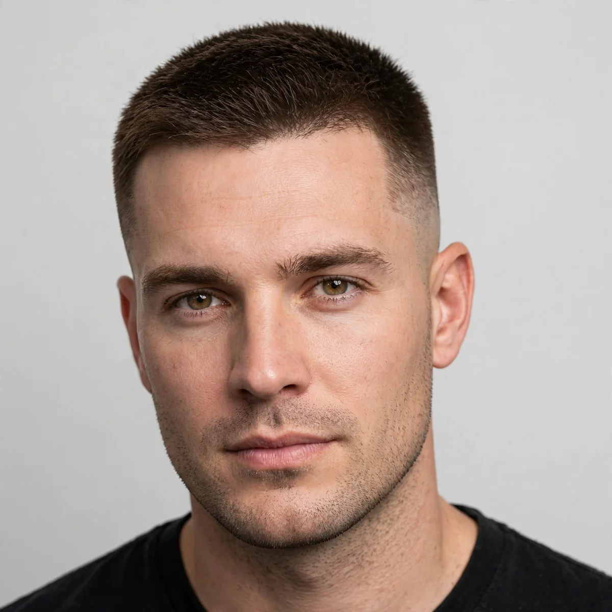 Classic crew cut haircut for men — #4 upright half-inch top with neatly tapered #2 sides, barbershop photo