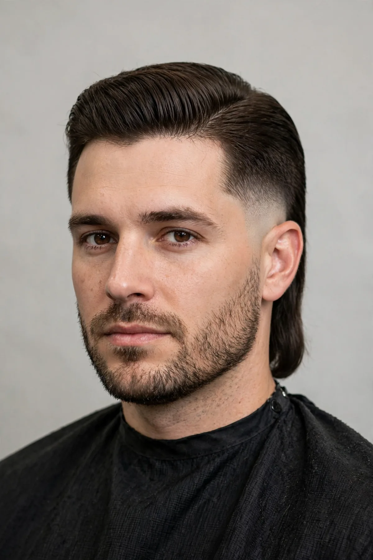 Classic fade mullet haircut on a man — tidy mid fade sides, neat combed top, and a clean tapered nape. A timeless mullet with fade style.