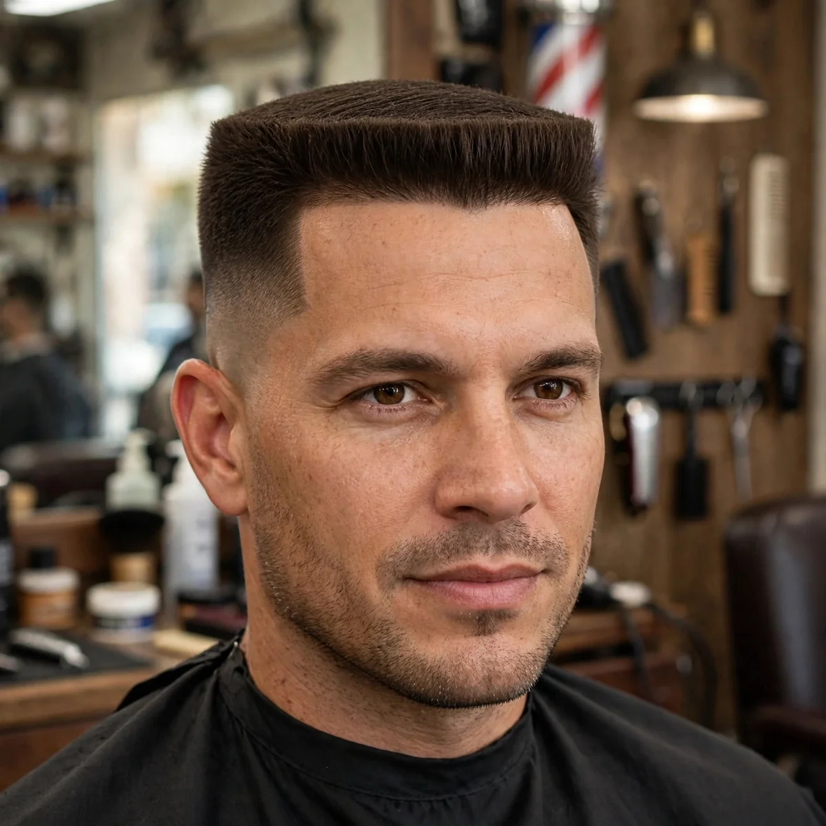 Classic flat top haircut with sharp square silhouette and tapered sides, a timeless men's haircut