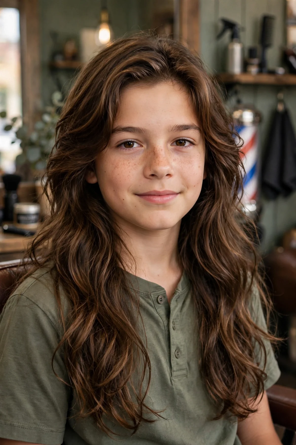 Classic long boys haircut with flowing shoulder-length straight hair and a soft natural part