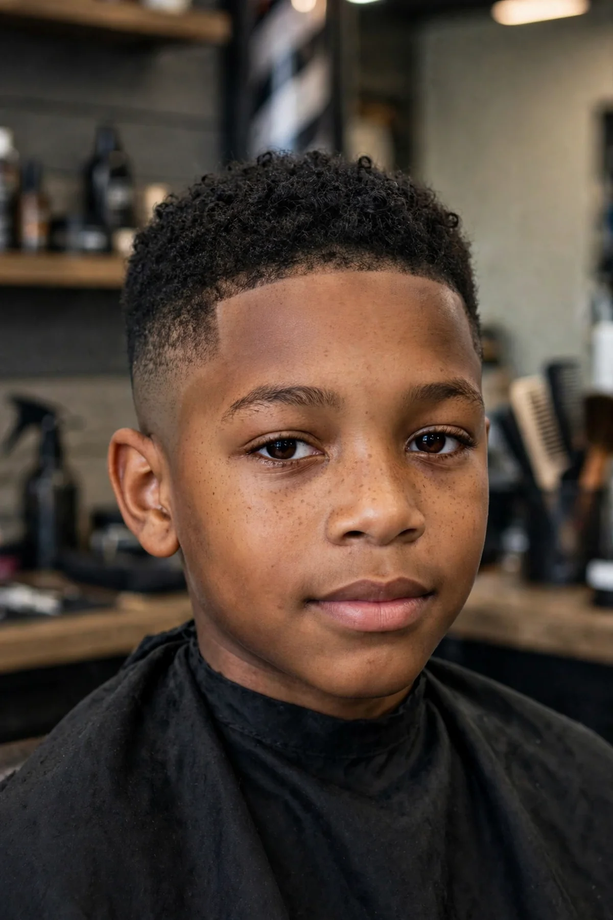 Young Black boy with a classic low fade haircut, short textured curly top and clean tapered sides, one of the most popular black boy haircuts.
