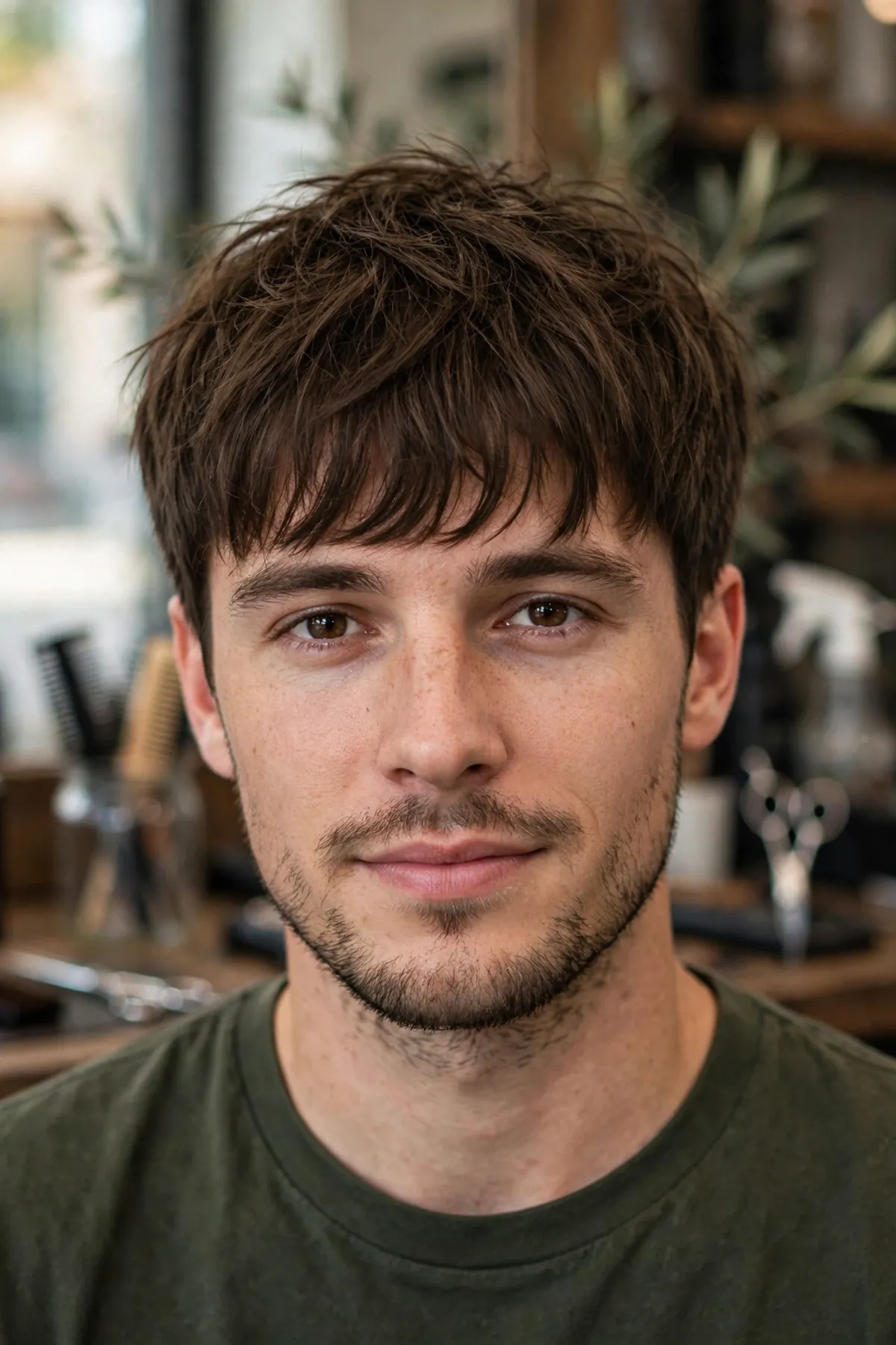 Classic messy fringe haircut on a young man with tousled textured bangs over the forehead, medium length layered fringe hairstyle