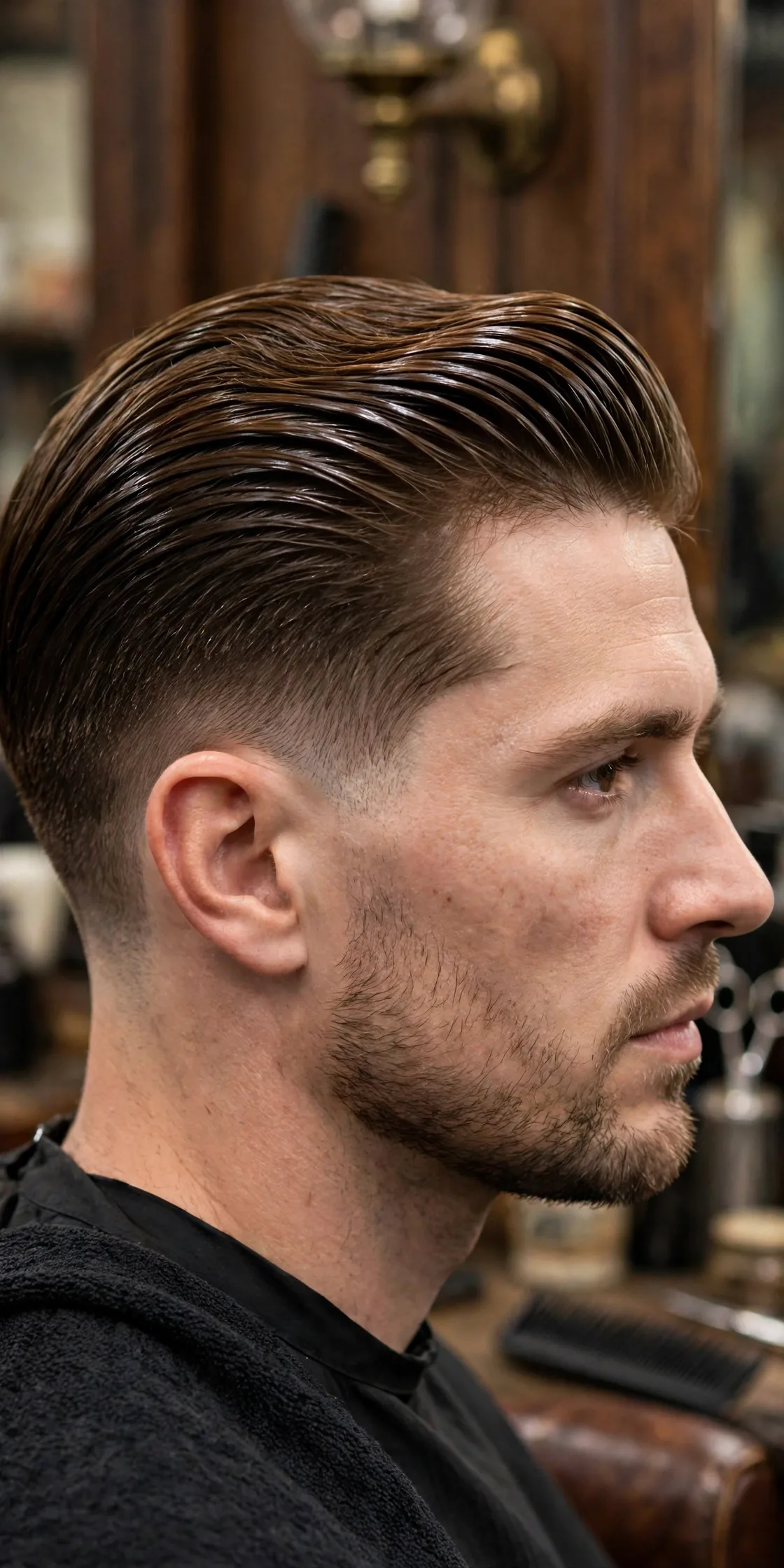 Classic slick back haircut on a man with medium-length dark hair combed straight back with a high-shine finish and neatly tapered sides. A timeless men's slick back style for formal and professional looks.
