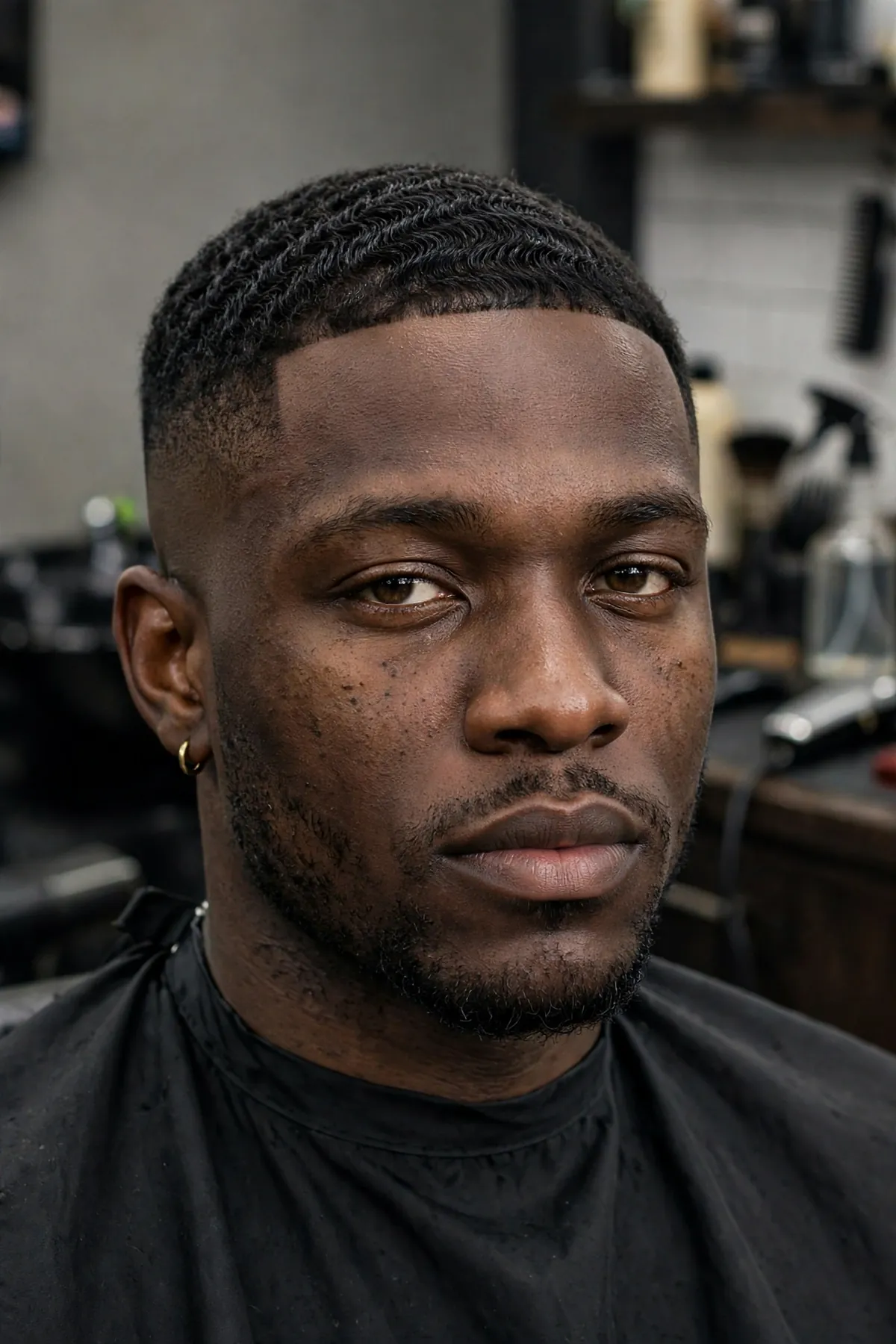 Side profile photo of a low fade haircut for Black men with a neat tapered neckline