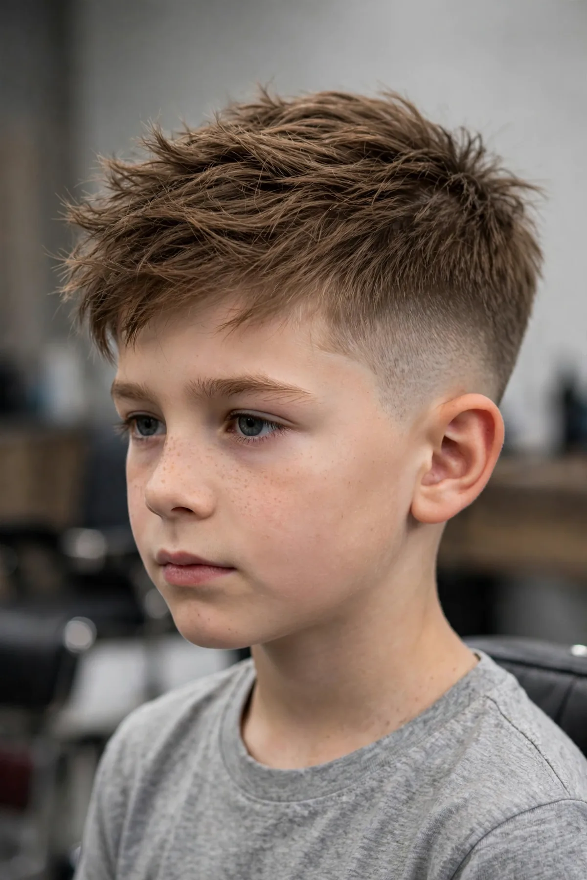 Boy with a low fade haircut and textured top — neatly blended low fade sides with choppy layered hair on top