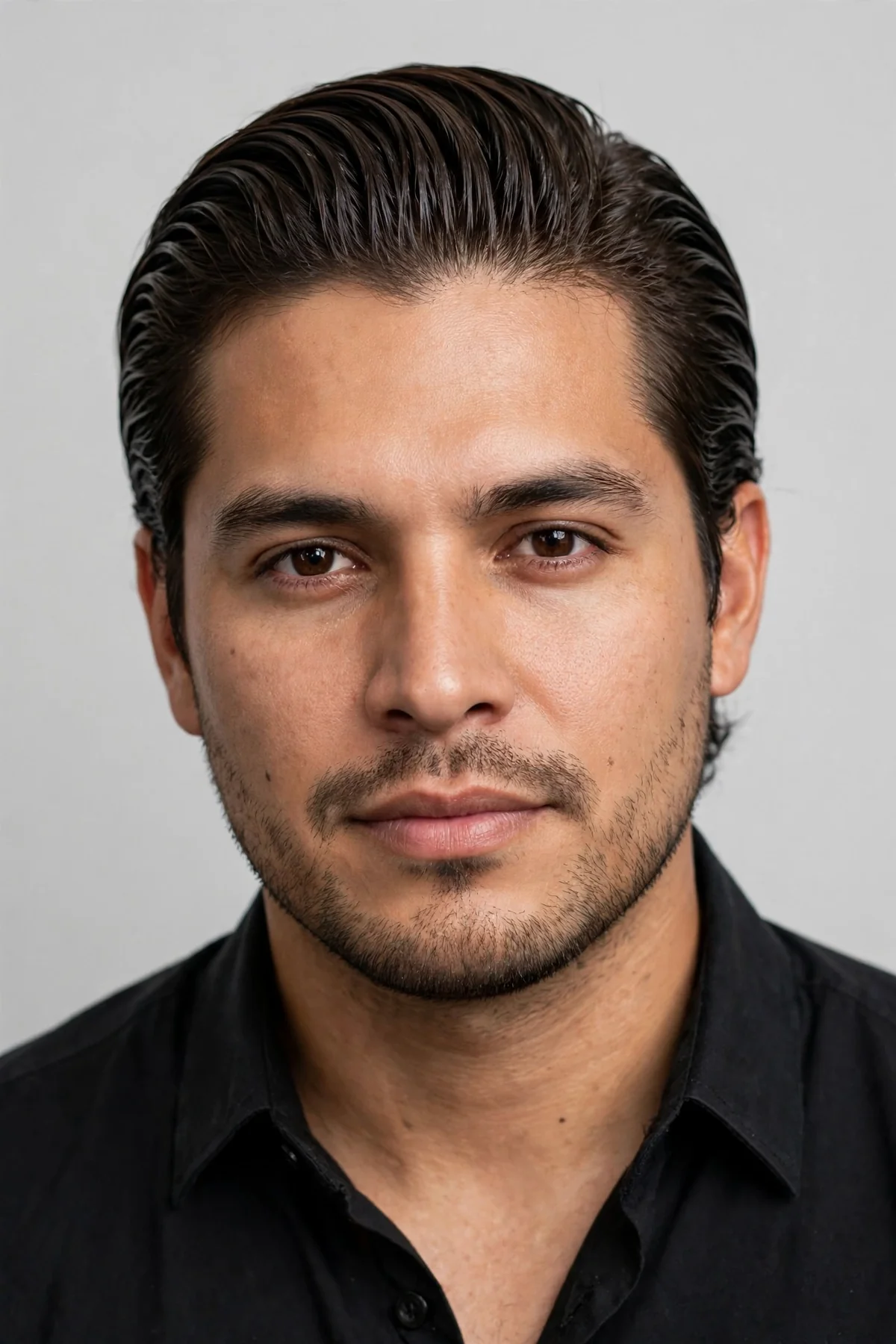Medium slick back haircut for men — glossy 3-inch top swept straight back with neat blended sides.