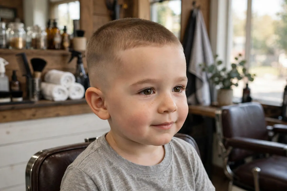 Toddler boy with a buzz cut and soft fade on the sides — a stylish low maintenance toddler haircut