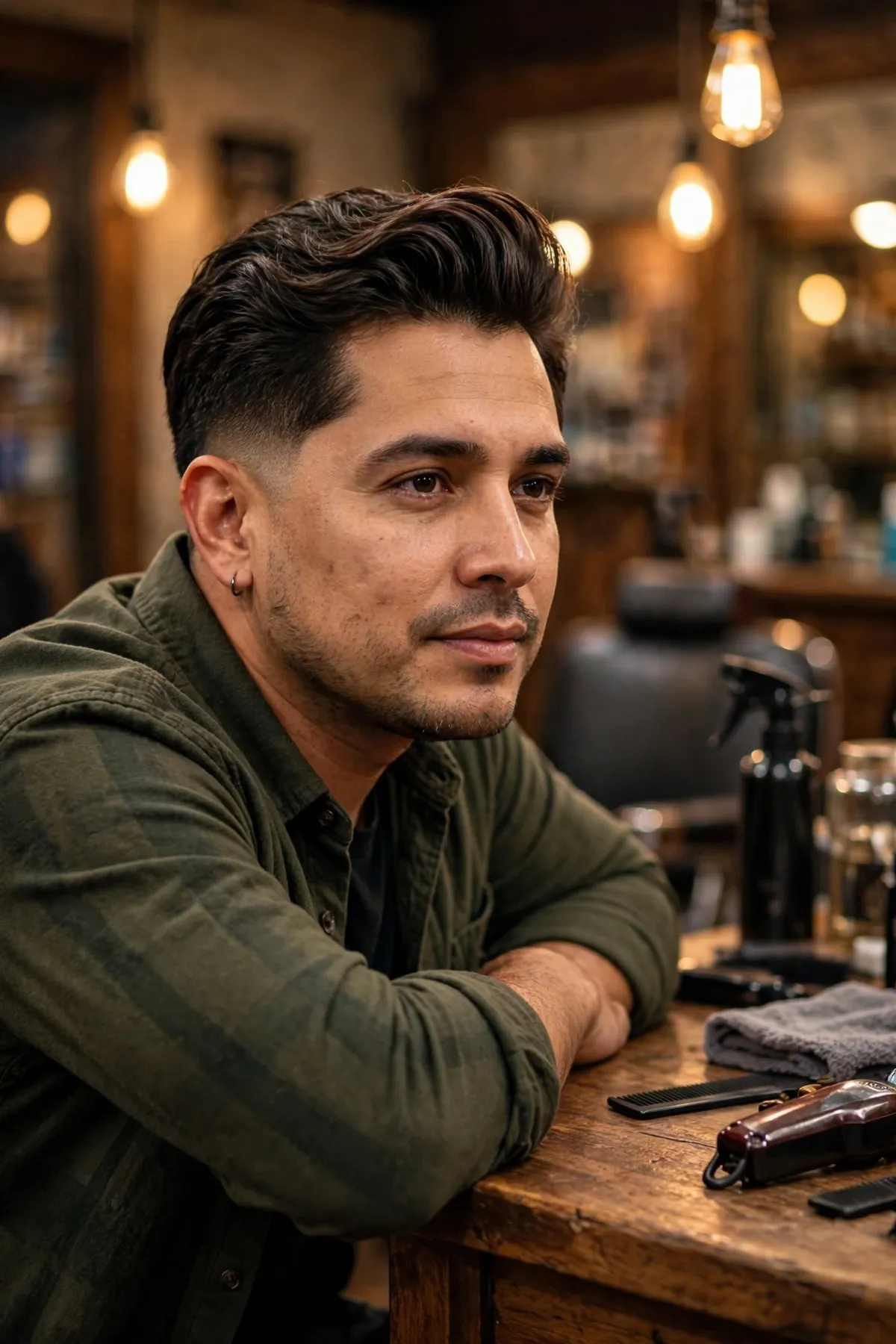 Classic pompadour haircut for men with softly tapered sides — glossy voluminous top swept back with a clean scissor taper