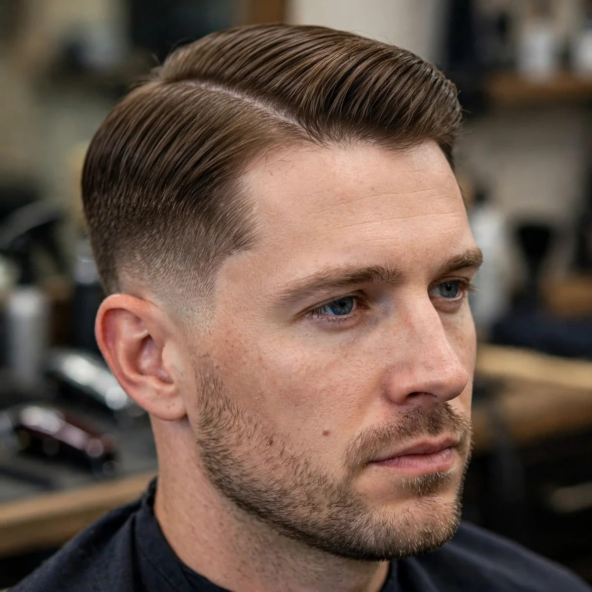Classic side part haircut for men with straight hair — neatly parted top with a clean taper on the sides