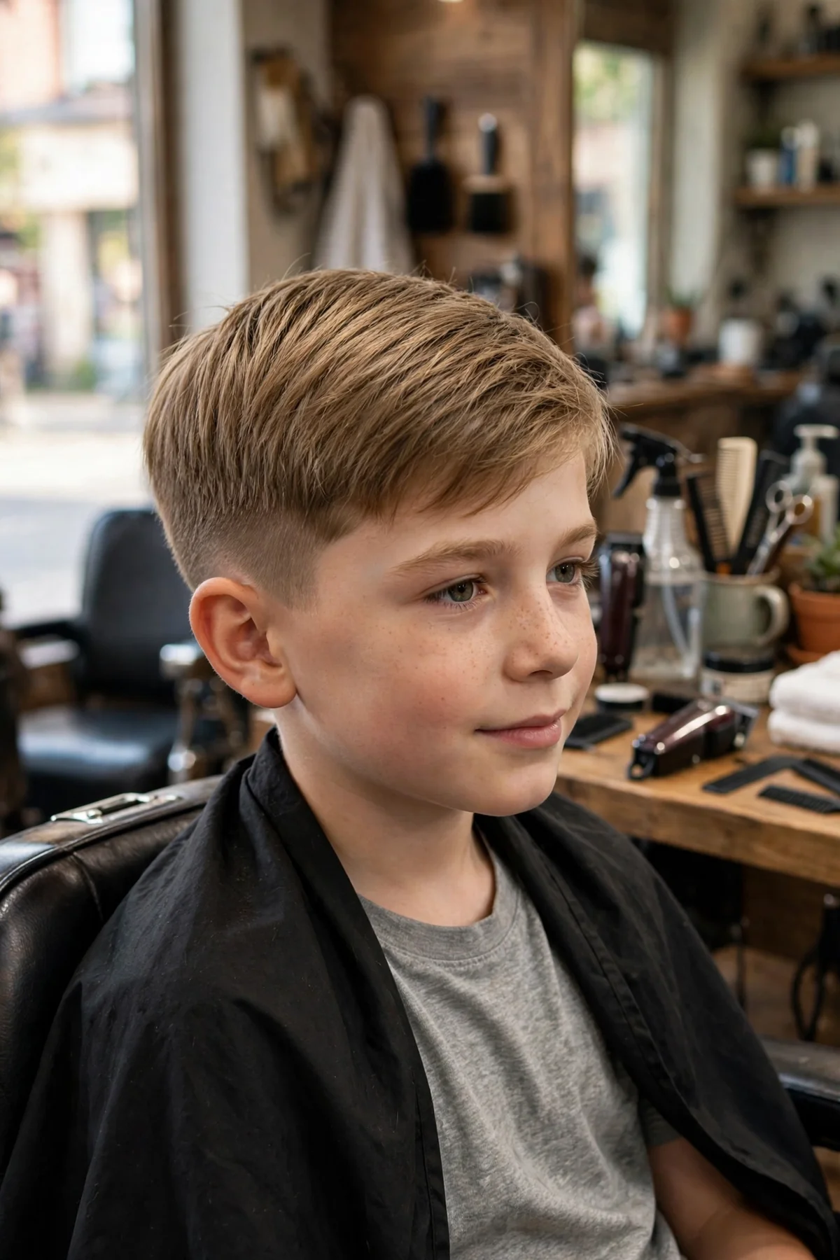 Boy with straight hair in a classic crew cut with short sides and slightly longer top.