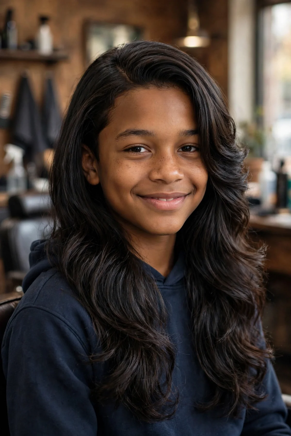 Long boys haircut with feathered side-parted layers and smooth straight texture for a neat look