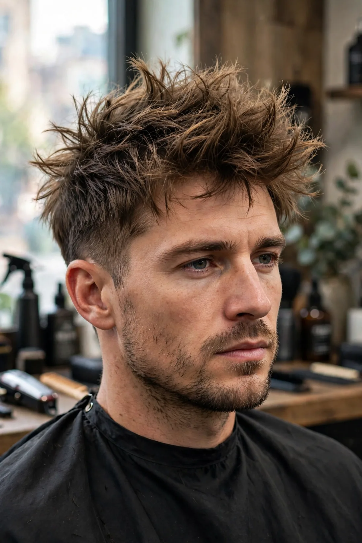 Messy warrior haircut men style with tousled choppy top and tapered sides, low maintenance rugged look