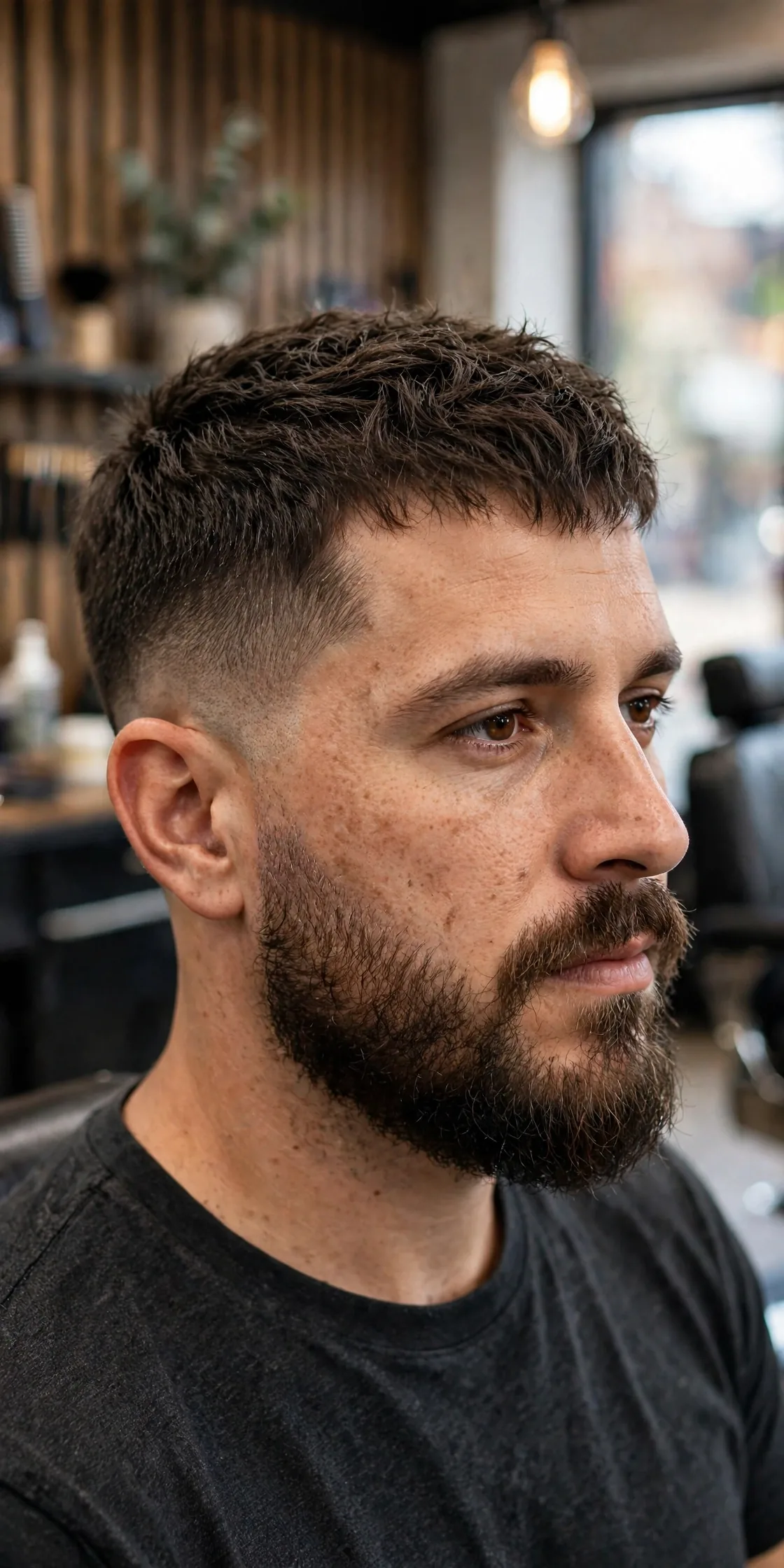 Mid beard fade on a man with a textured crop haircut and medium-length beard