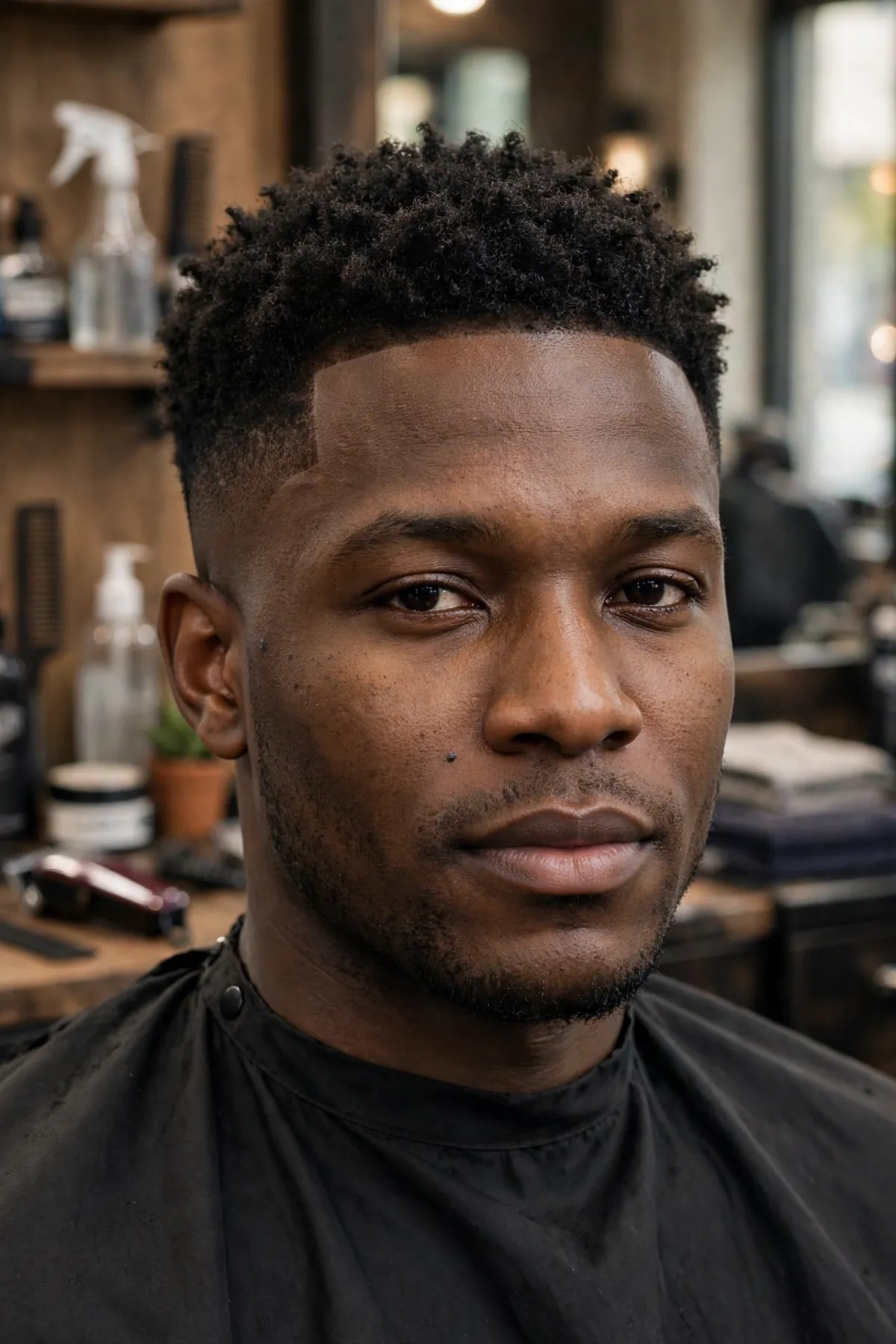 Black man with a mid fade haircut and defined waves on top, classic black men haircuts style