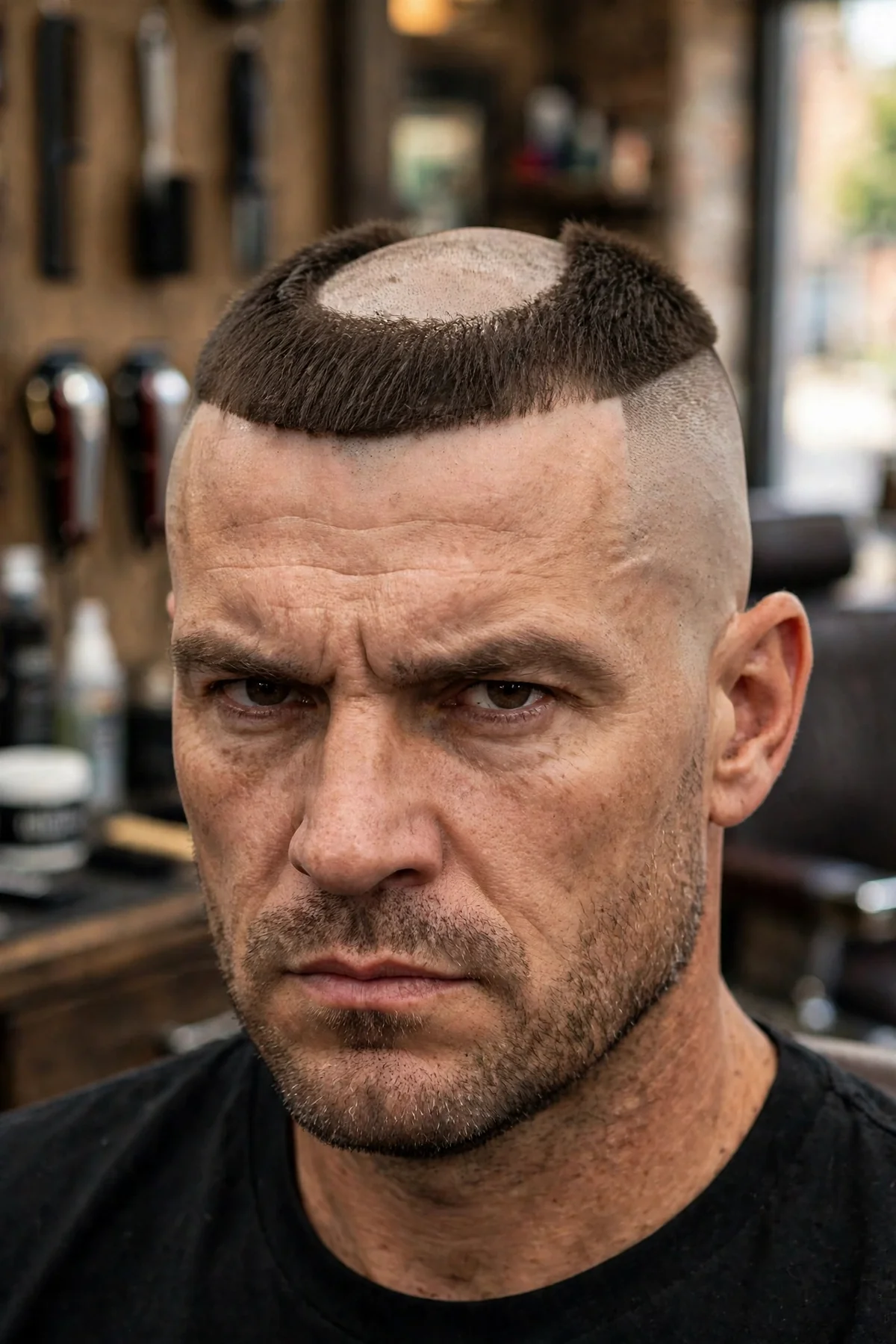 Military horseshoe flat top haircut with skin-shaved sides and short level top, a sharp men's haircut