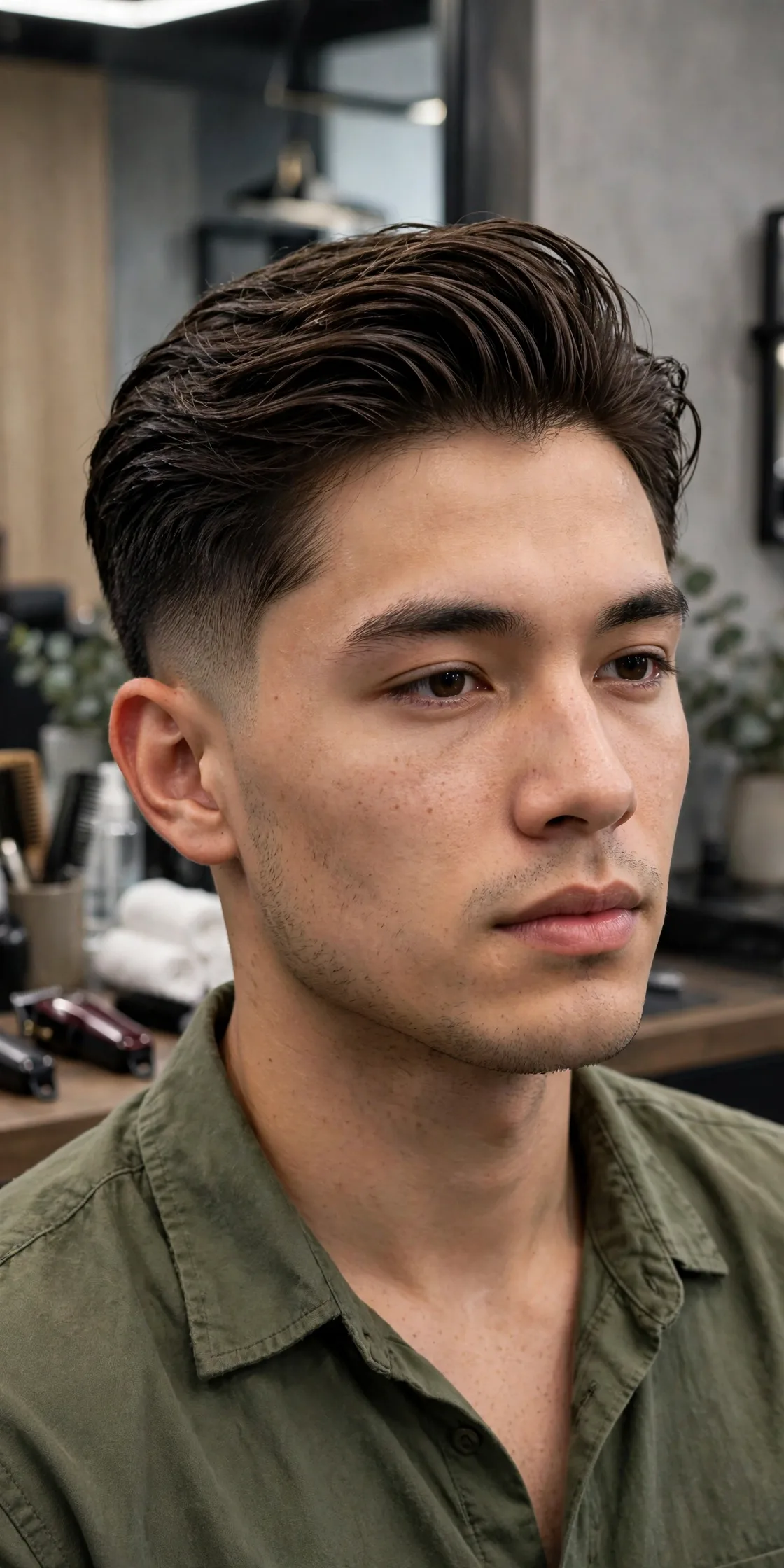 Modern slick back haircut with textured hair pushed back loosely and low-shine matte finish. A relaxed contemporary take on slicked back hair for everyday wear.