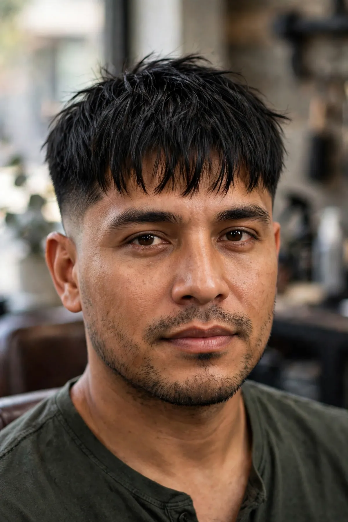 Short messy fringe haircut on a man with cropped textured bangs just above the eyebrows, easy low maintenance fringe hairstyle