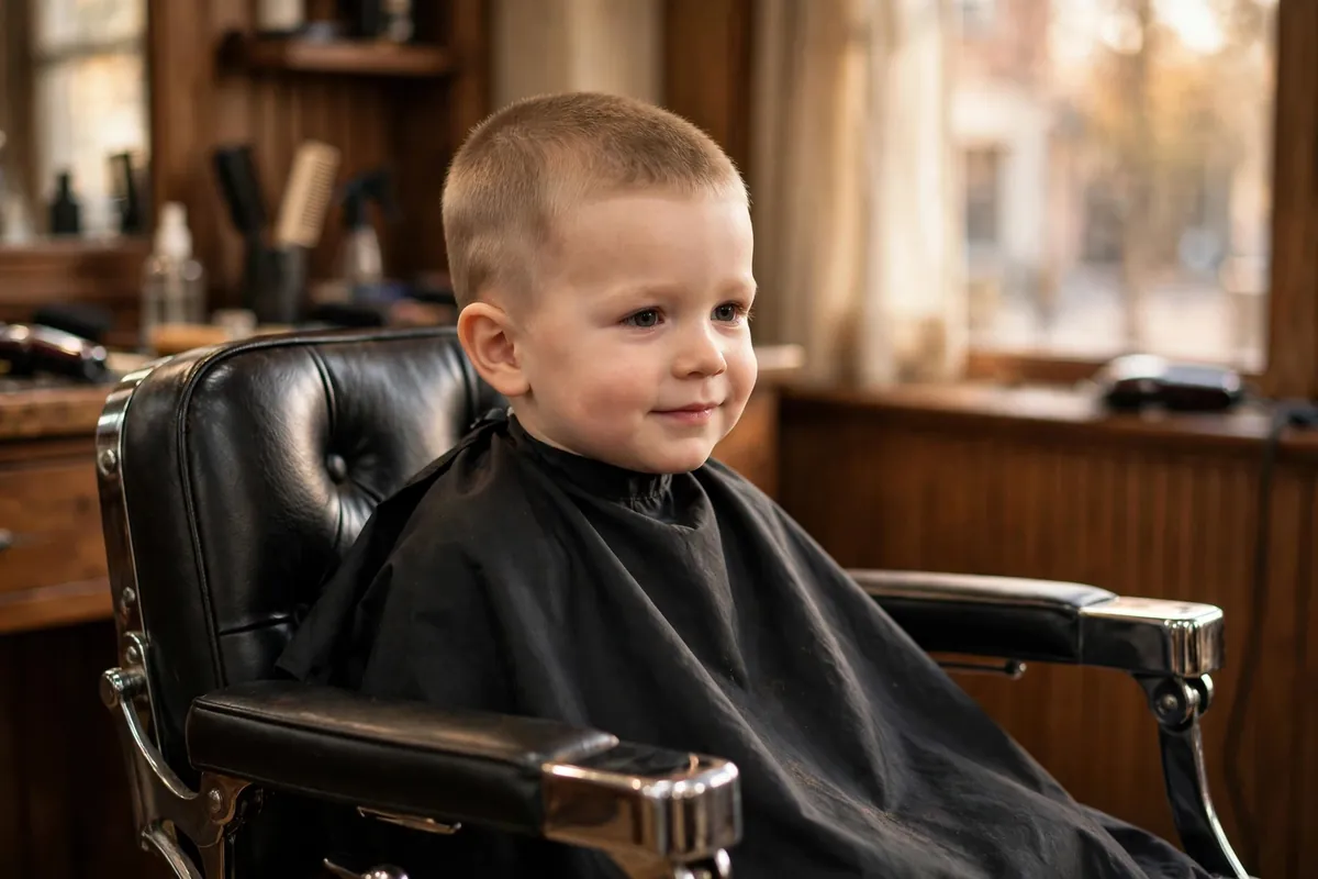 Toddler boy with a short even all-over scissor crop — a gentle low maintenance toddler boy haircut