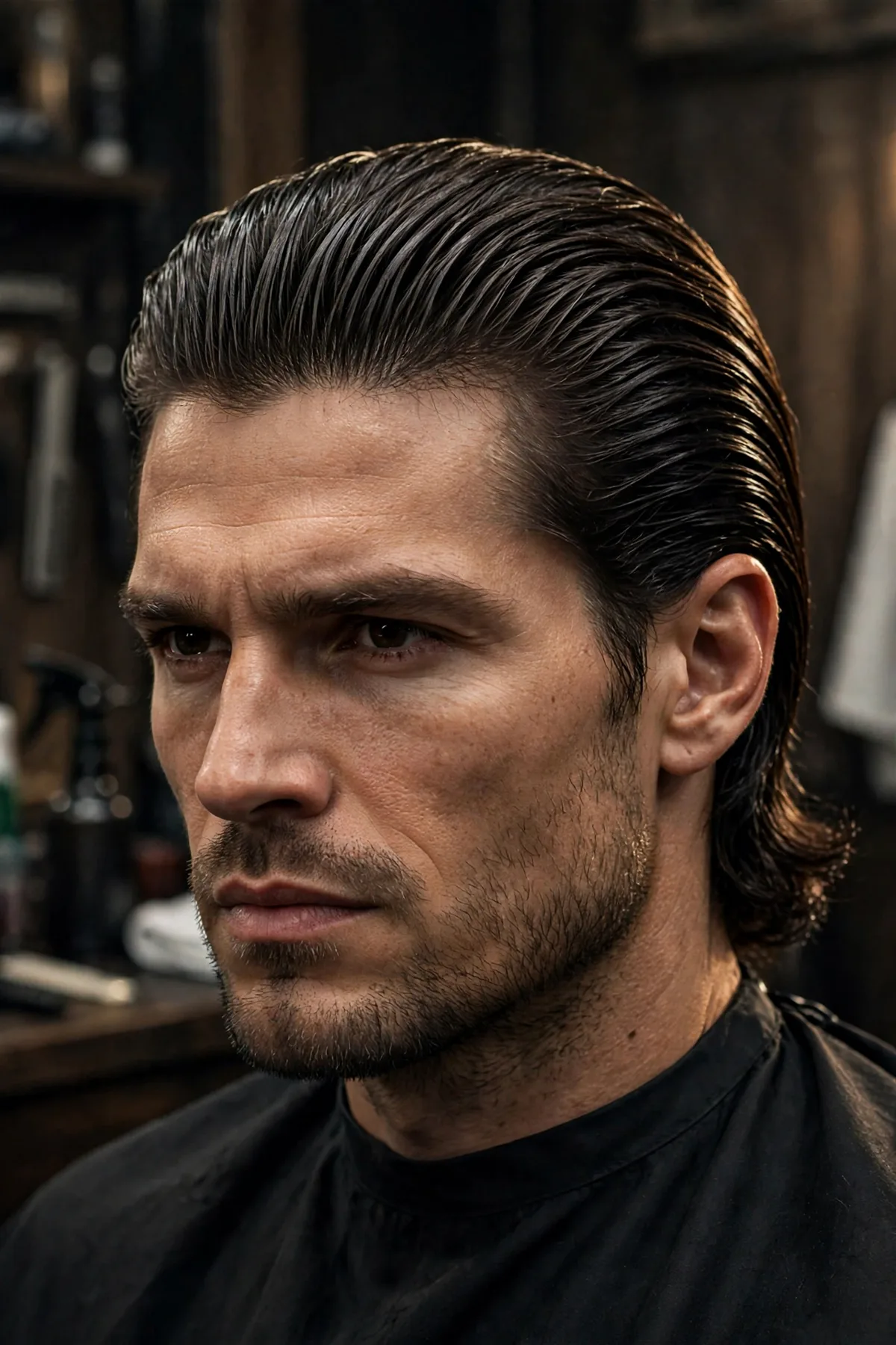 Long slick back haircut with shoulder-grazing dark hair swept back off the face in smooth waves. A dramatic long slick back hairstyle for men with thick hair.