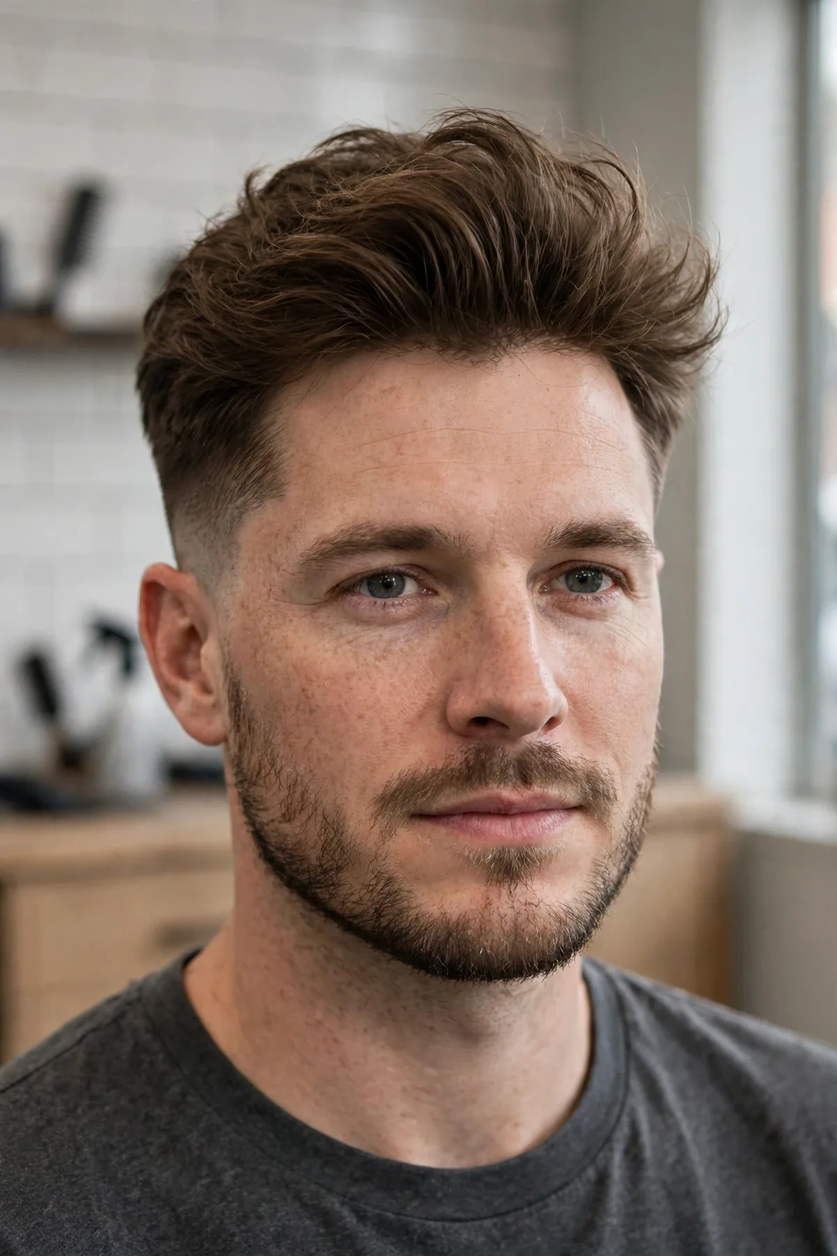 Low fade blowout haircut for men with big volume on top and subtle low fade