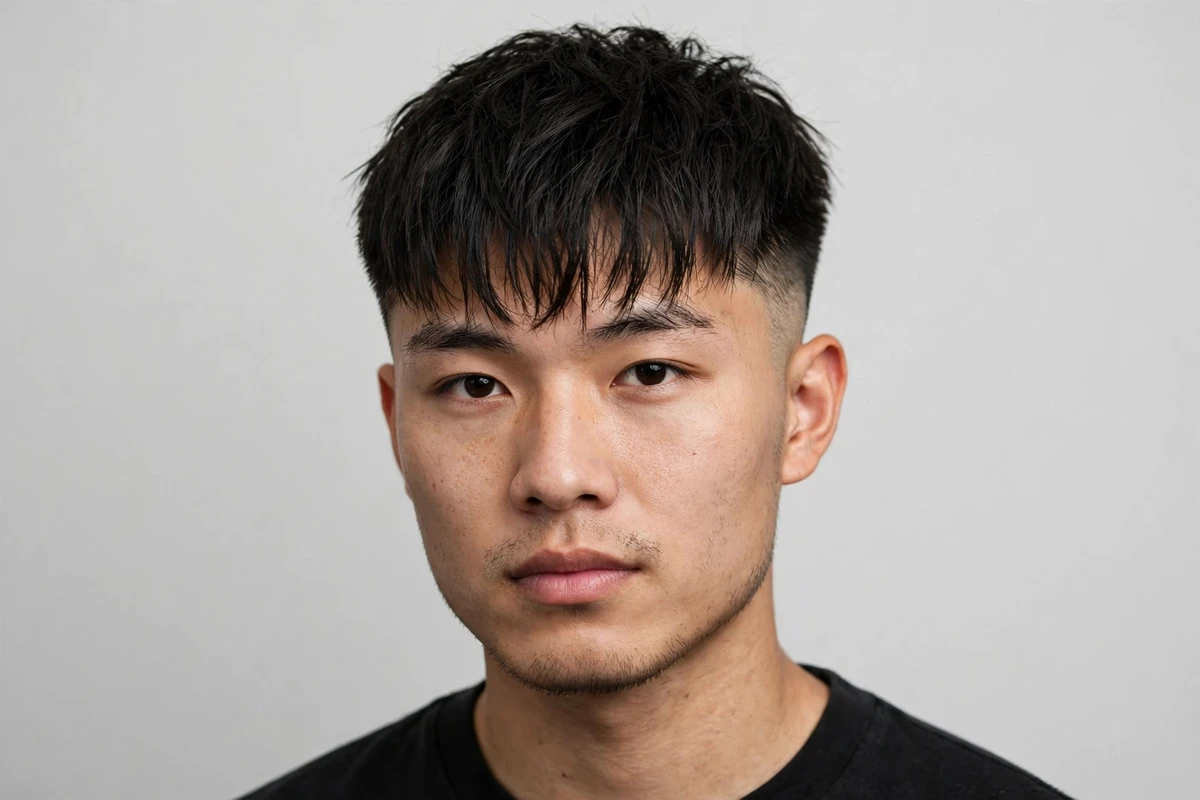 Low taper fade with textured fringe haircut for men — choppy forward fringe and faded sides
