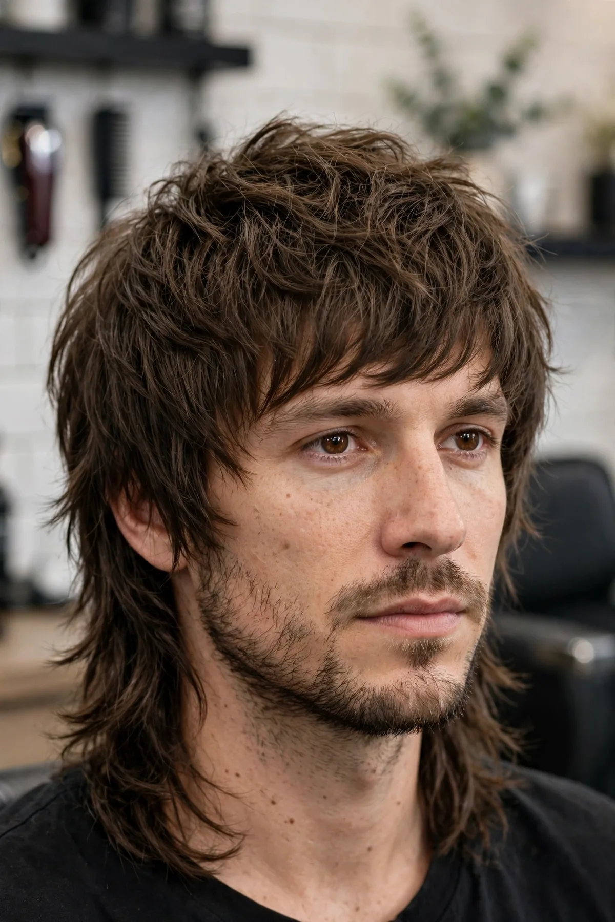 Medium-length wolf cut haircut for men with flowing layers and soft curtain fringe