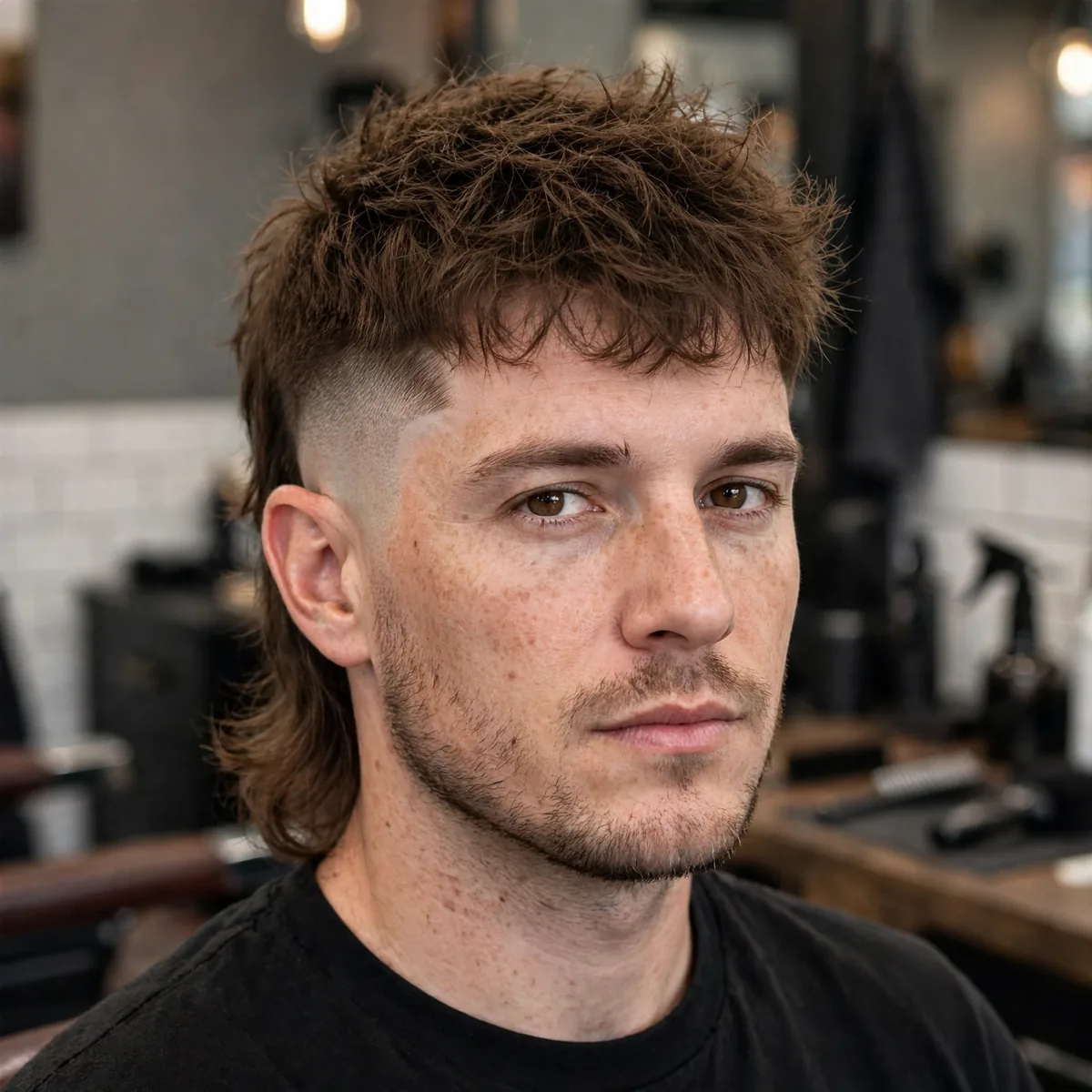 Mid fade mullet haircut on a man — crisp mid-level fade on the sides with a textured top and collar-length back.